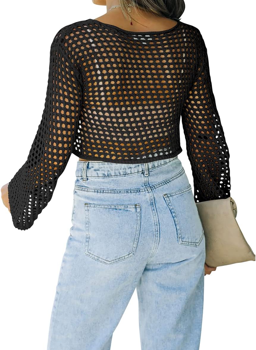 Womens Fishnet Crochet Crop Top Sexy Long Sleeve See Through Hollow Out Mesh Bikini Cover Ups - Image 3