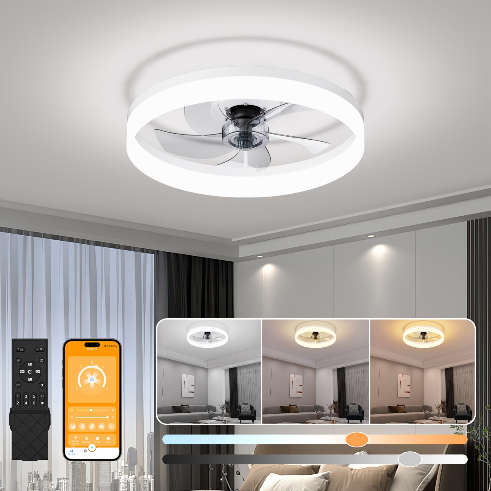19.7" Low Profile Flush Mount Ceiling Fan with Light Remote & App Control | 6-Speed Reversible & Silent Fan with 3000K-6500K Adjustable Lighting for Living Room, Bedroom, Kitchen, White