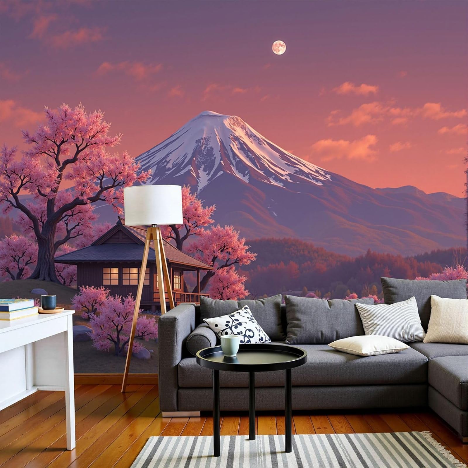 3D Effect Photo Wallpaper Sunset Mount Fuji Non-woven Poster Japanese Hut XXL Non-woven Pink Wall Mural Living Room Bedroom Picture Wallpaper, 200cm x 140cm Stickers - Frameless Painting - Poster