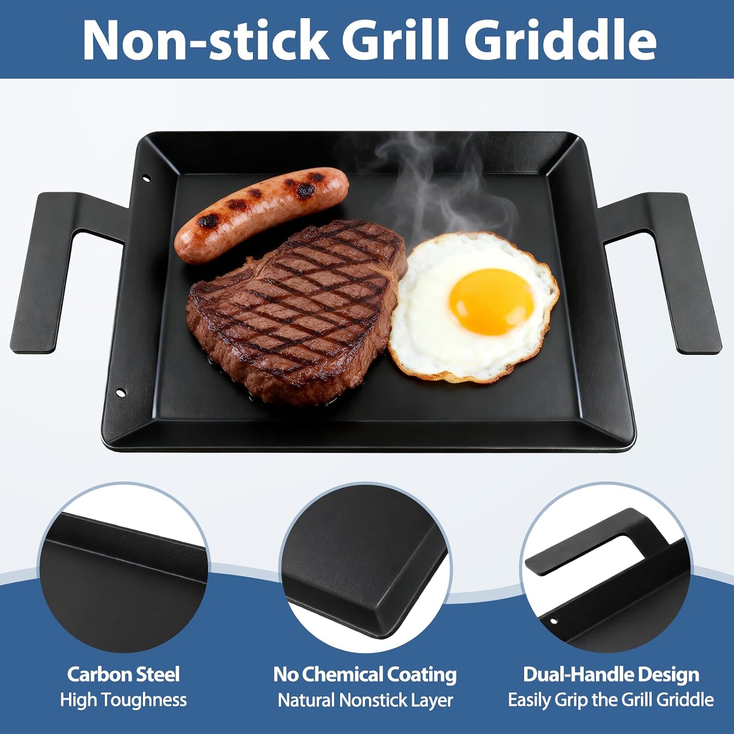 Carbon Steel Griddle for Gas Stovetop Grill Universal Professional Double Burner Cooking Plate for Induction Stove Top Electric Oven Flat Top Griddle Pan Replacement for Made In Cookware, 17" x 10.5"