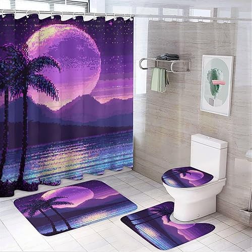 Miniatura 11 de 4 piezas de cortina de ducha de agua sintética colorida de acuarela con 12 ganchos, ilustración de cuadrícula rústica, arte tropical, palmera de