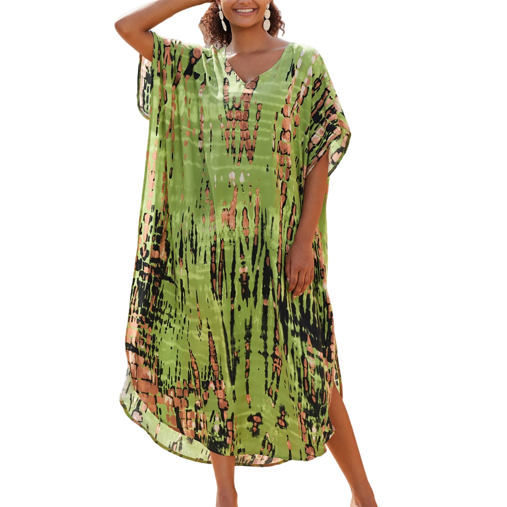KAICAILA Fruit Green Bohemian Floral Kaftan Maxi Cover Up
