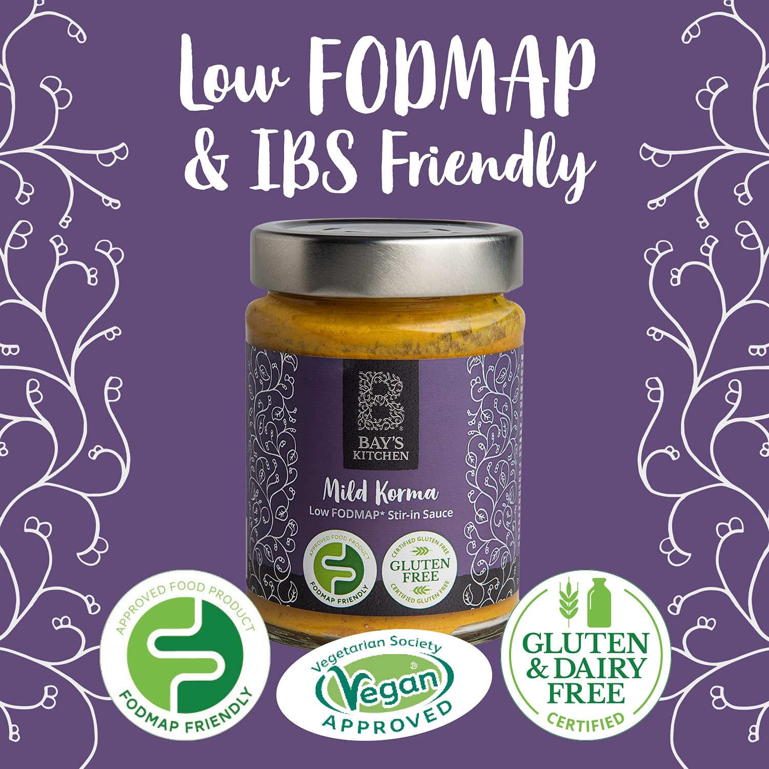Bay's Kitchen FODMAP łagodny sos z korma, indyjski sos gotowy do gotowania, bezglutenowy, przyjazny dla IBS, odpowiedni dla wegan (260 g)