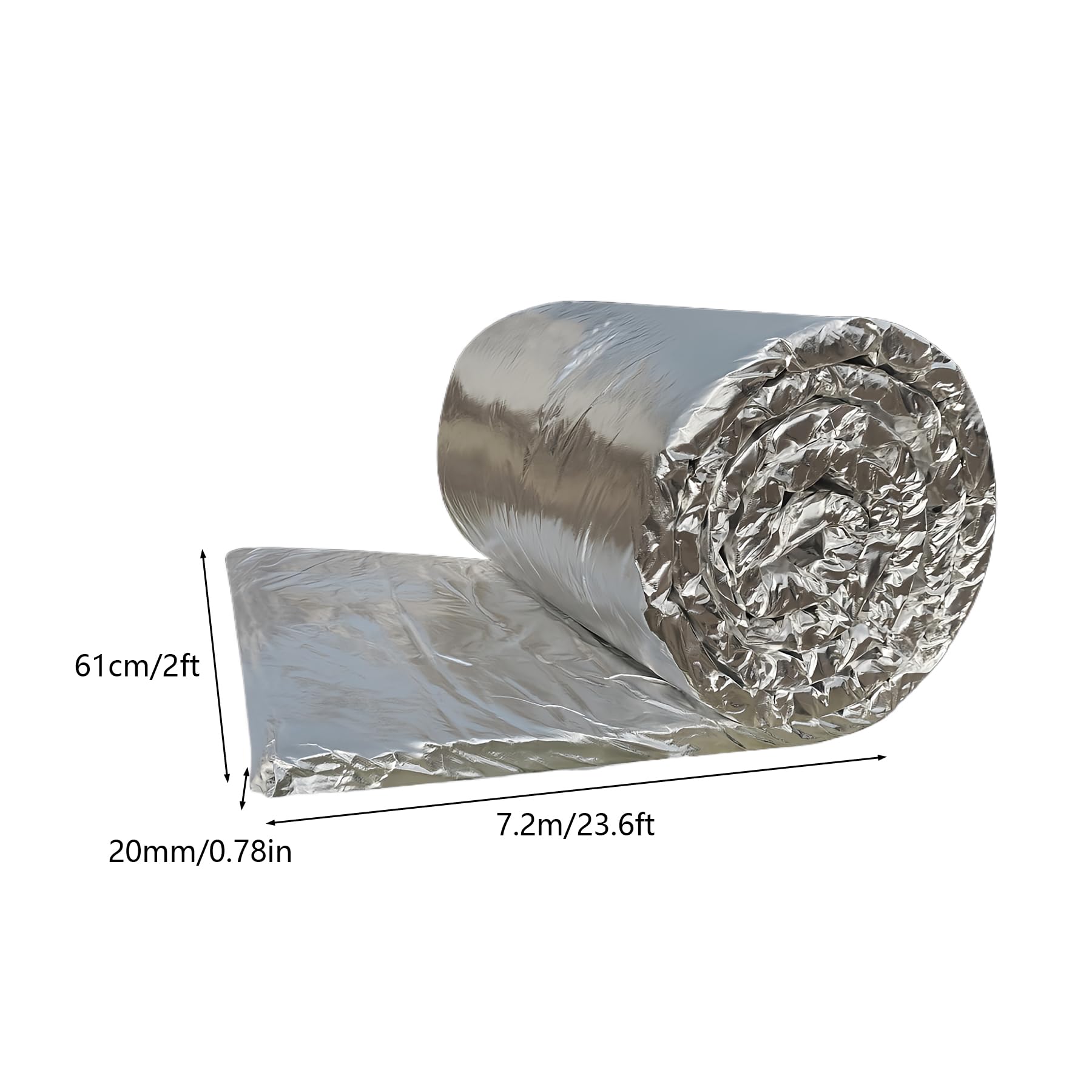 Hochtemperatur WäRmedäMmmatte Aus Keramikfasern mit Aluminiumfolie, Feuerfestes DäMmmaterial, Geeignet für öFen, Kessel, Kamine, Schornsteine, S(Size:61cm*7.2m(2*23.6ft),20mm(0.78in),Color:Zweiseitig)