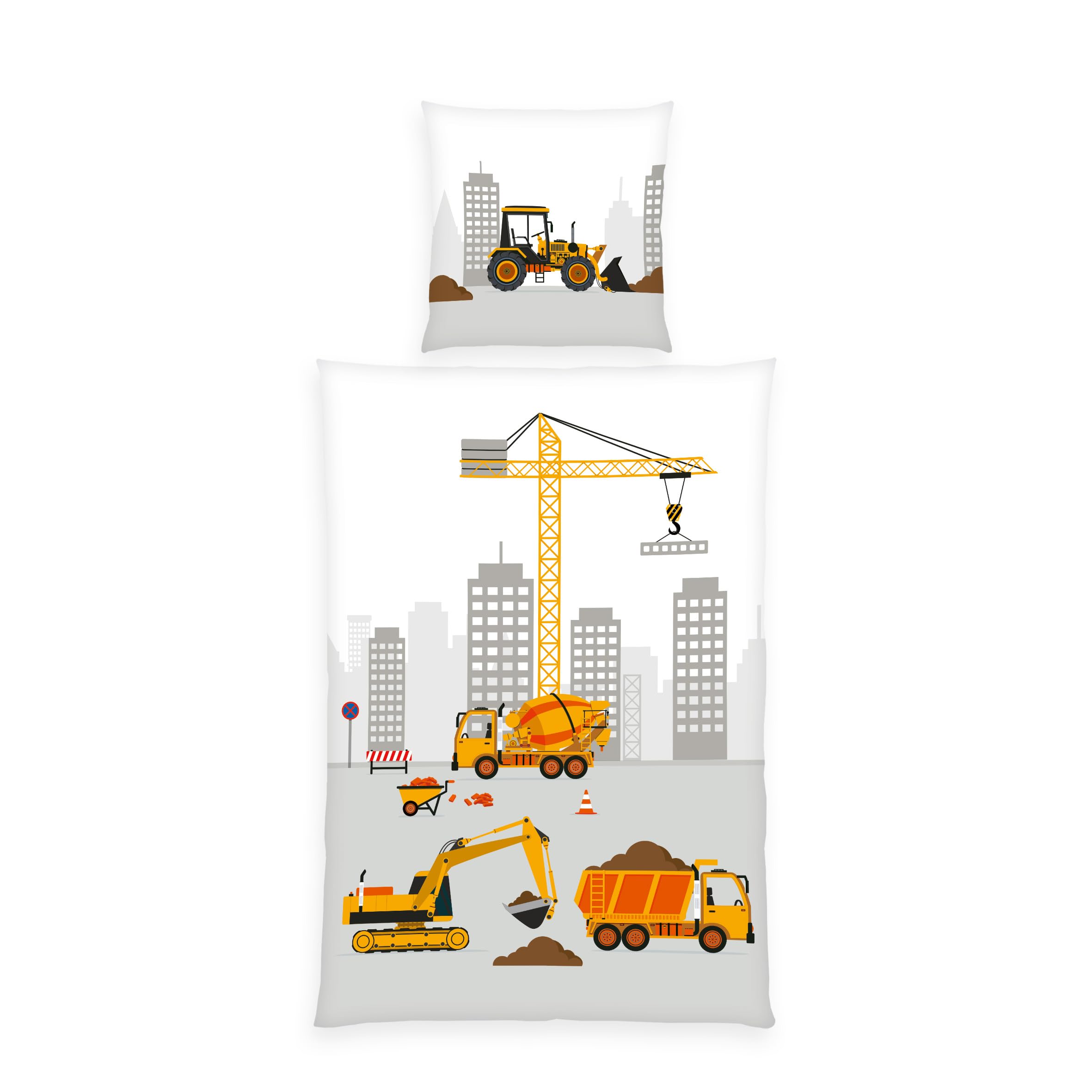 Baustelle Bettwäsche, Kopfkissenbezug ca. 80x80 cm, Bettbezug ca. 135x200 cm, mit leichtläufigem Markenreißverschluss, 100% Baumwolle, Renforcé