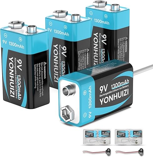 Paquete de 4 baterías recargables de 9 V de 1300 mAh, batería cuadrada de iones de litio de 9 voltios de larga duración, conector de clip y caja de