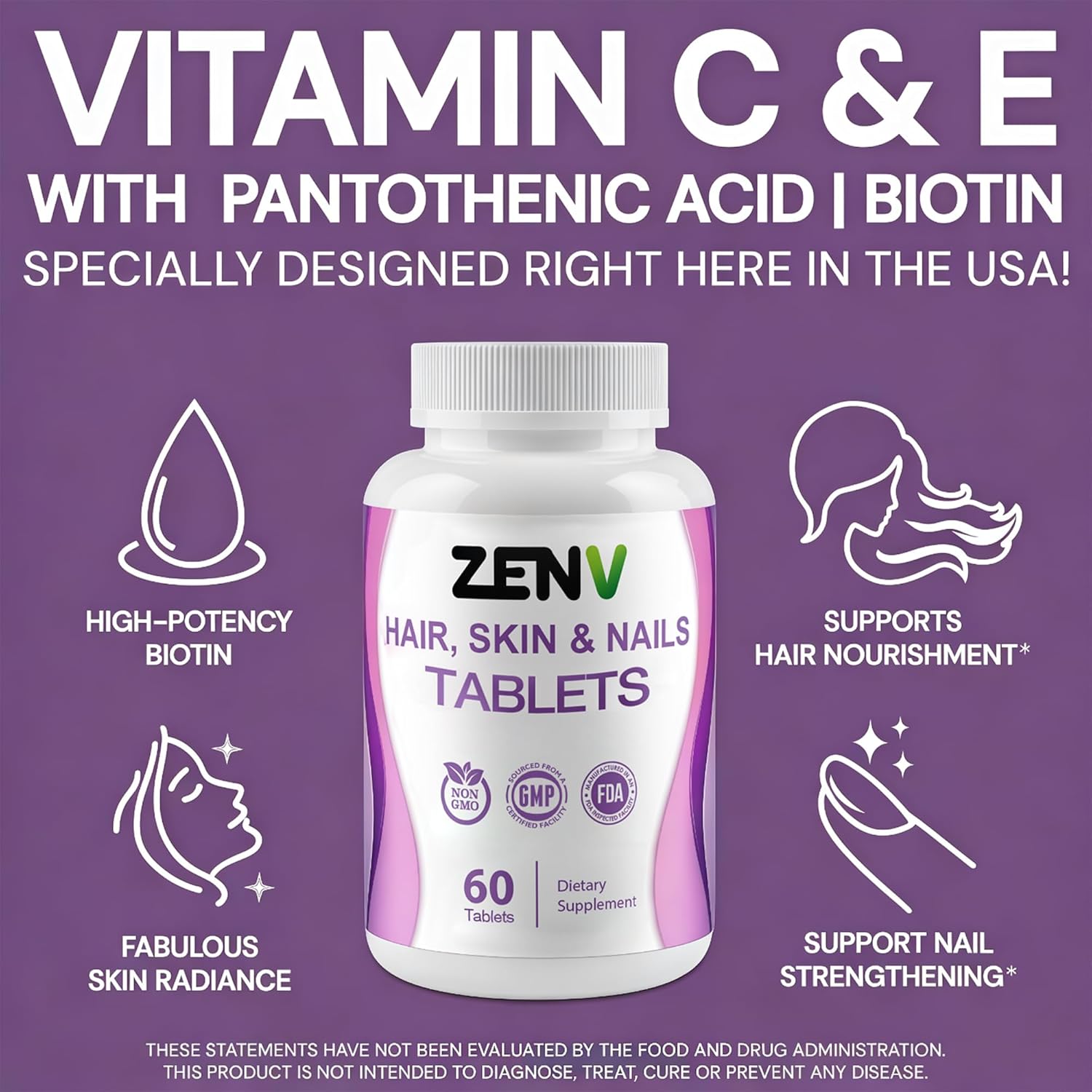ZENV Hair Skin & Nails Tablets - 60ct Non-GMO Dietary Supplement with Biotin 5000mcg, Vitamin C, E & Pantothenic Acid - Image 4