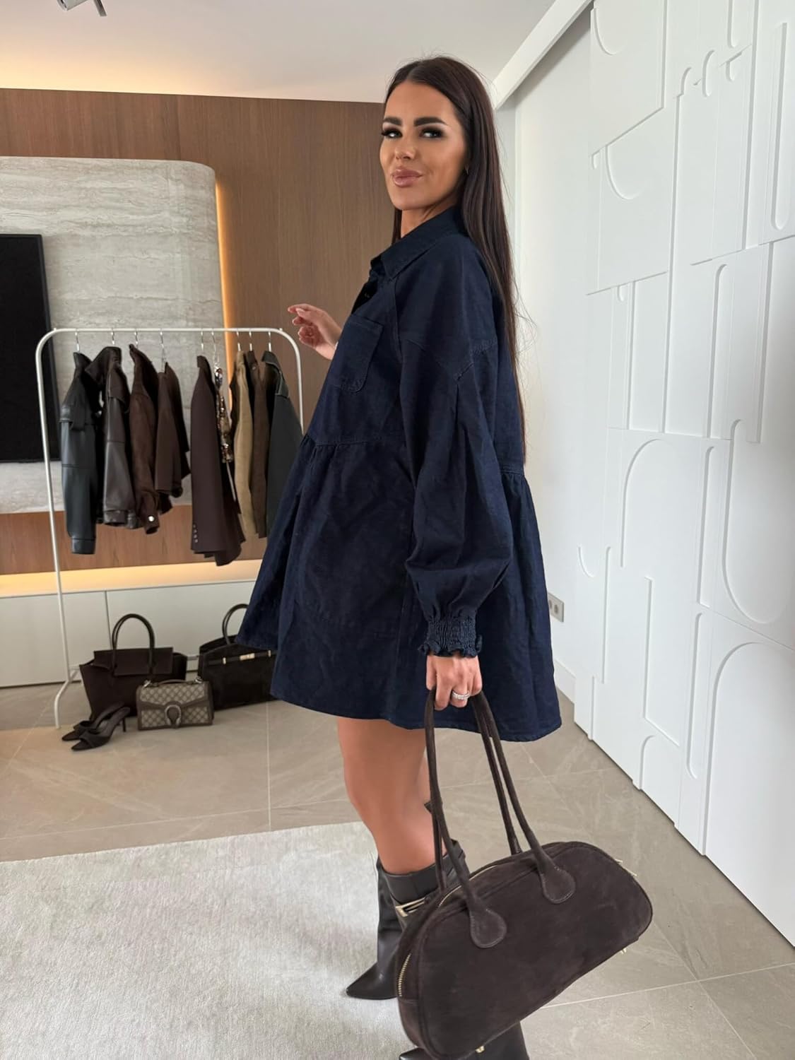 utcoco Women's Oversized Denim Shirt Dress Casual Long Sleeve Heart Button Mini Dress with Pockets (Large, Dark Blue) - Image 5