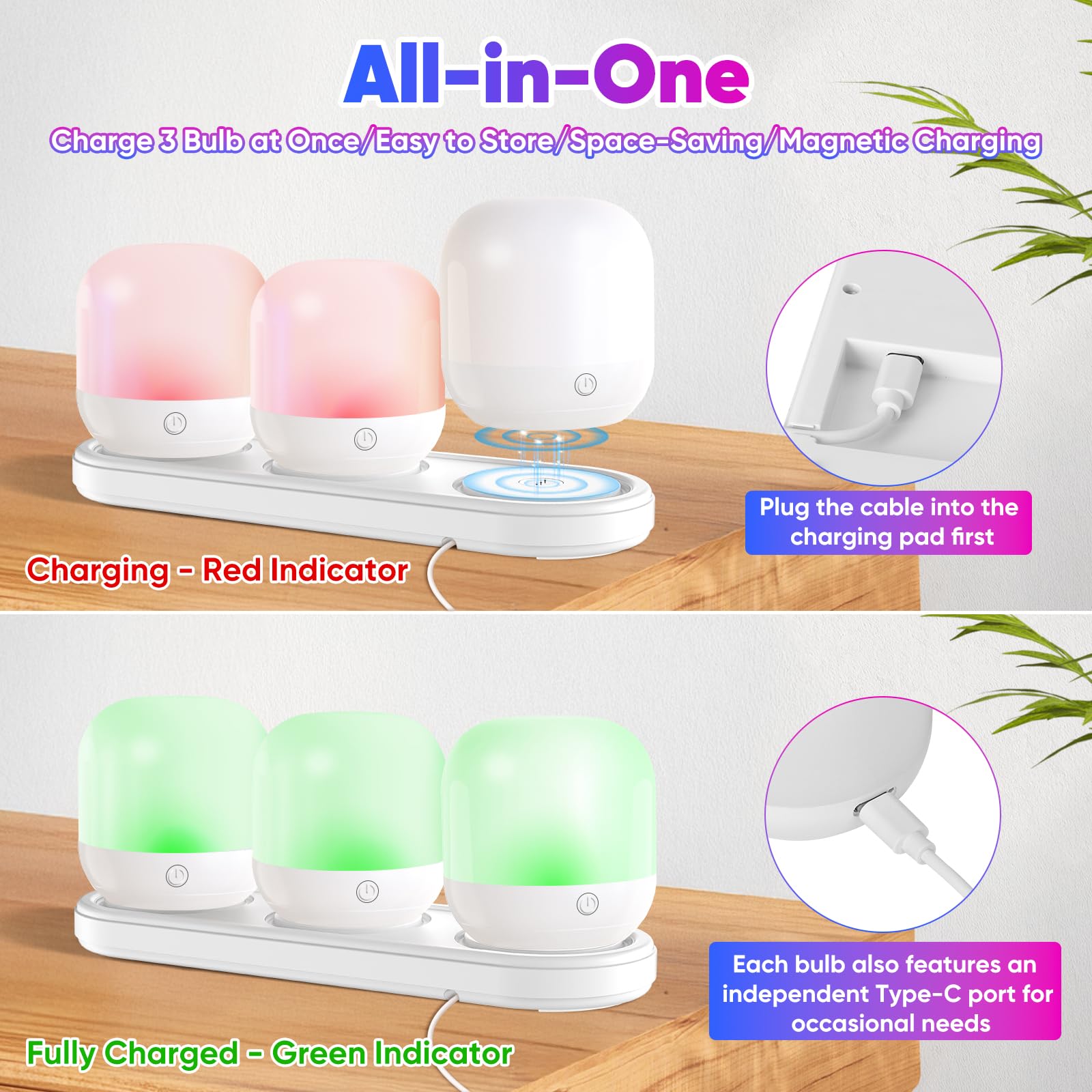 Juego de bombillas recargables que funcionan con pilas con estación de carga magnética 3 en 1 y control remoto, bombilla LED desmontable regulable inalámbrica con 15 colores seleccionables para