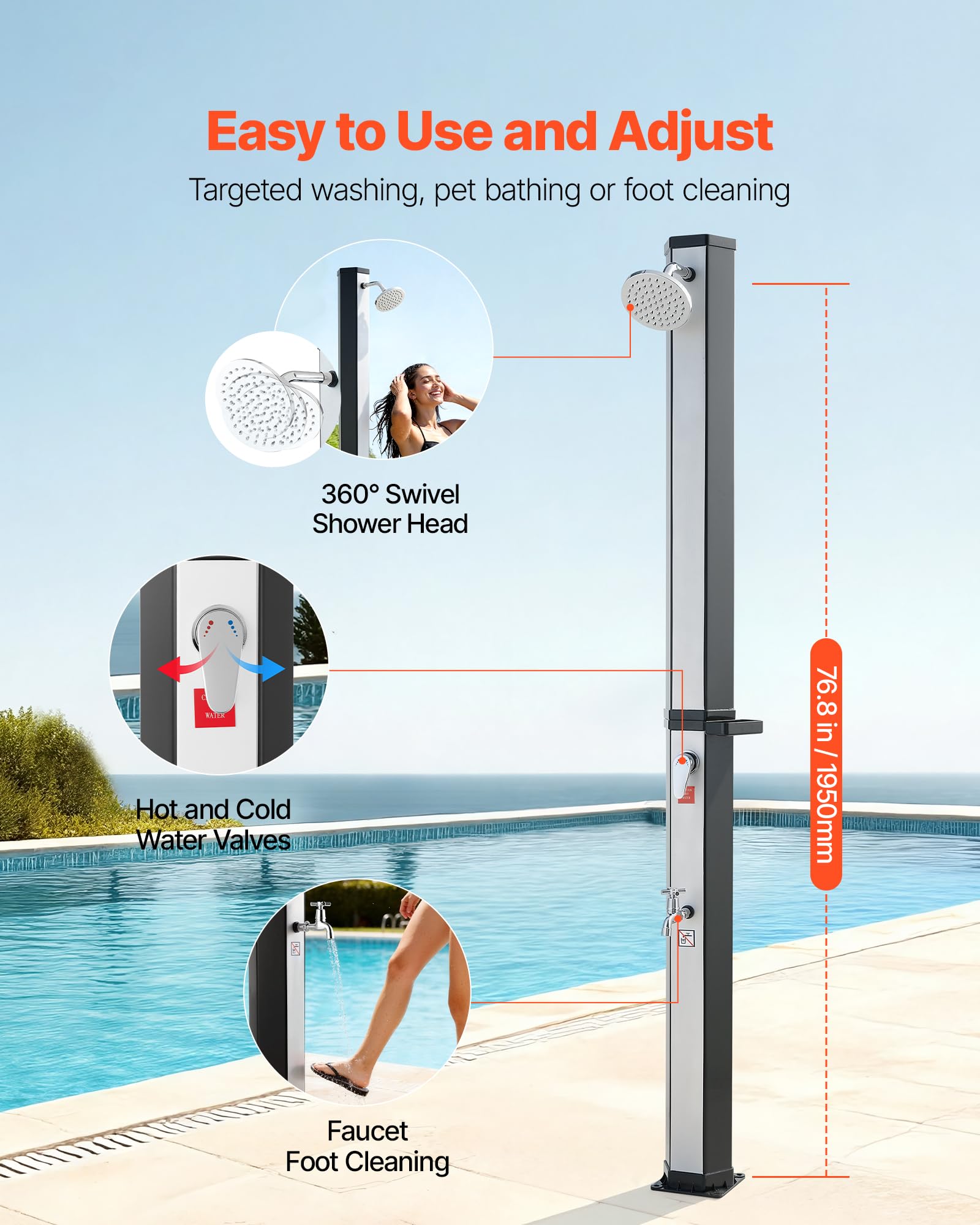 VEVOR Douche Solaire 35 L Douche Extérieur Solaire Autoportante pour Jardin Piscine Plage, Hauteur Pommeau 1,95 m, avec Robinet Lavage des Pieds, Porte-Savon, Réglage Eau Chaude Froide, Noir Argenté