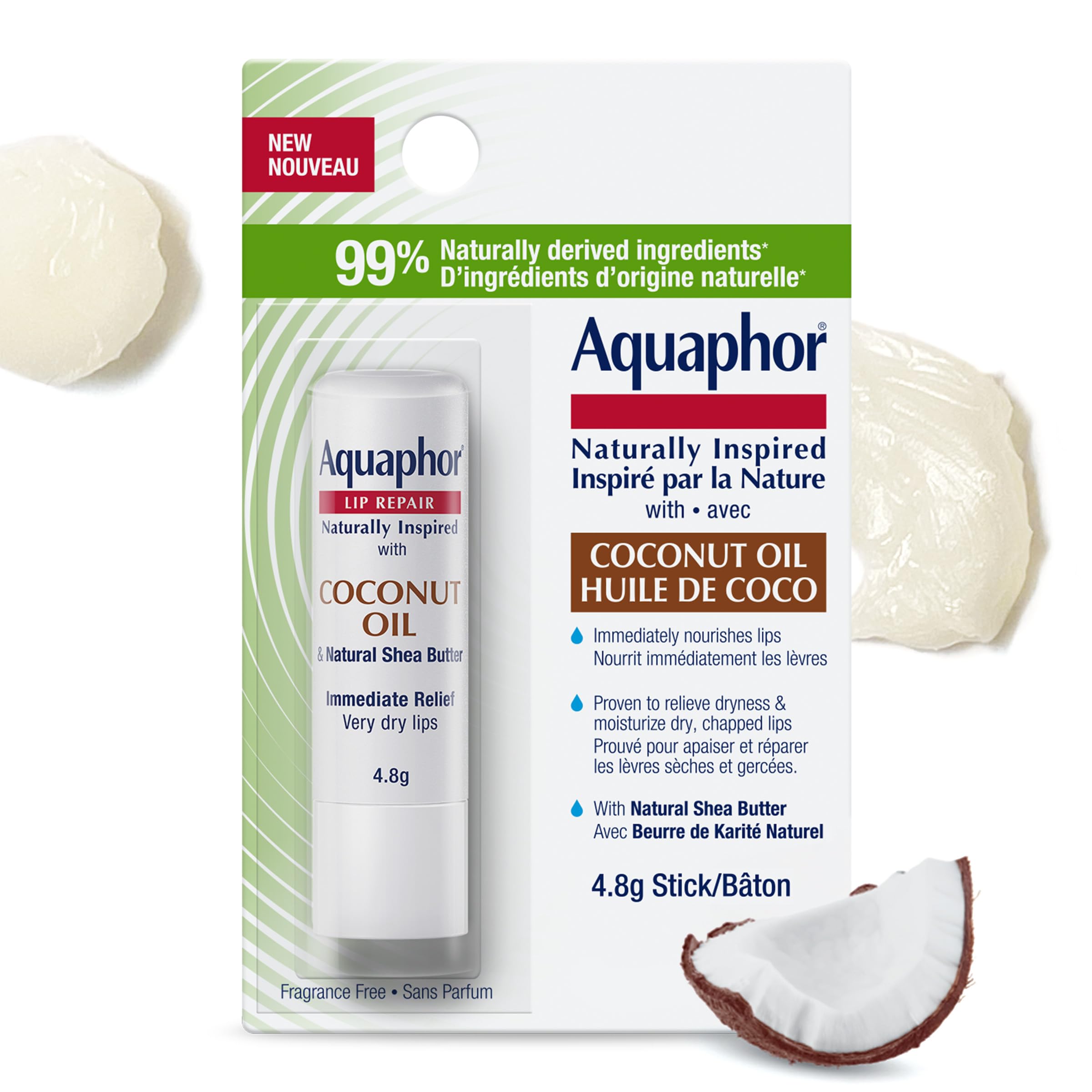 Aquaphor Naturally Inspired Lip Repair, Moisturizing Lip Balm Stick with Coconut Oil and Natural Shea Butter, 4.8 g