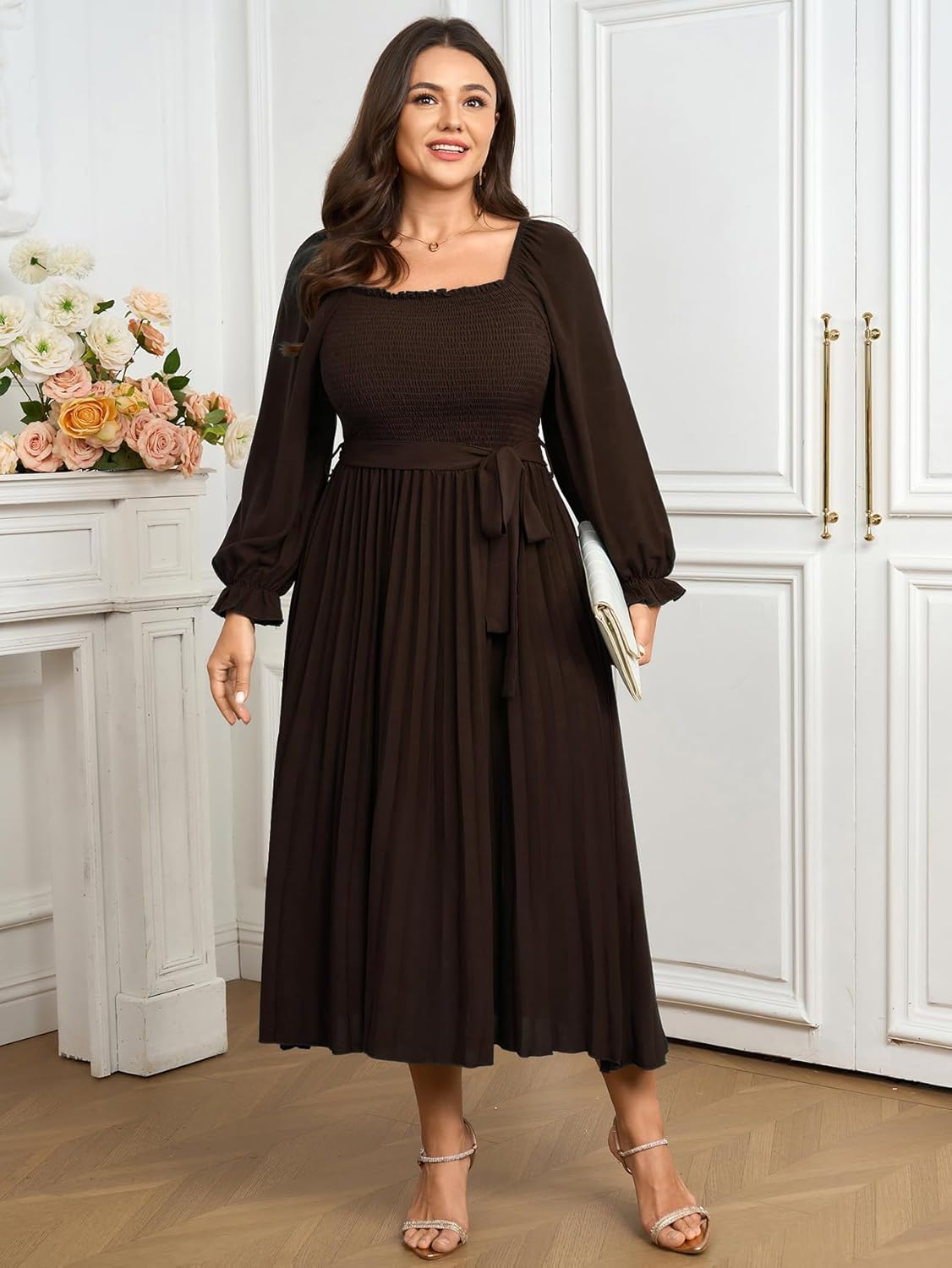 Women's Plus Size Dress Long Sleeve Smocked Square Neck Ruffle Pleated Flowy Wedding Guest Maxi Fall Dress - Image 3