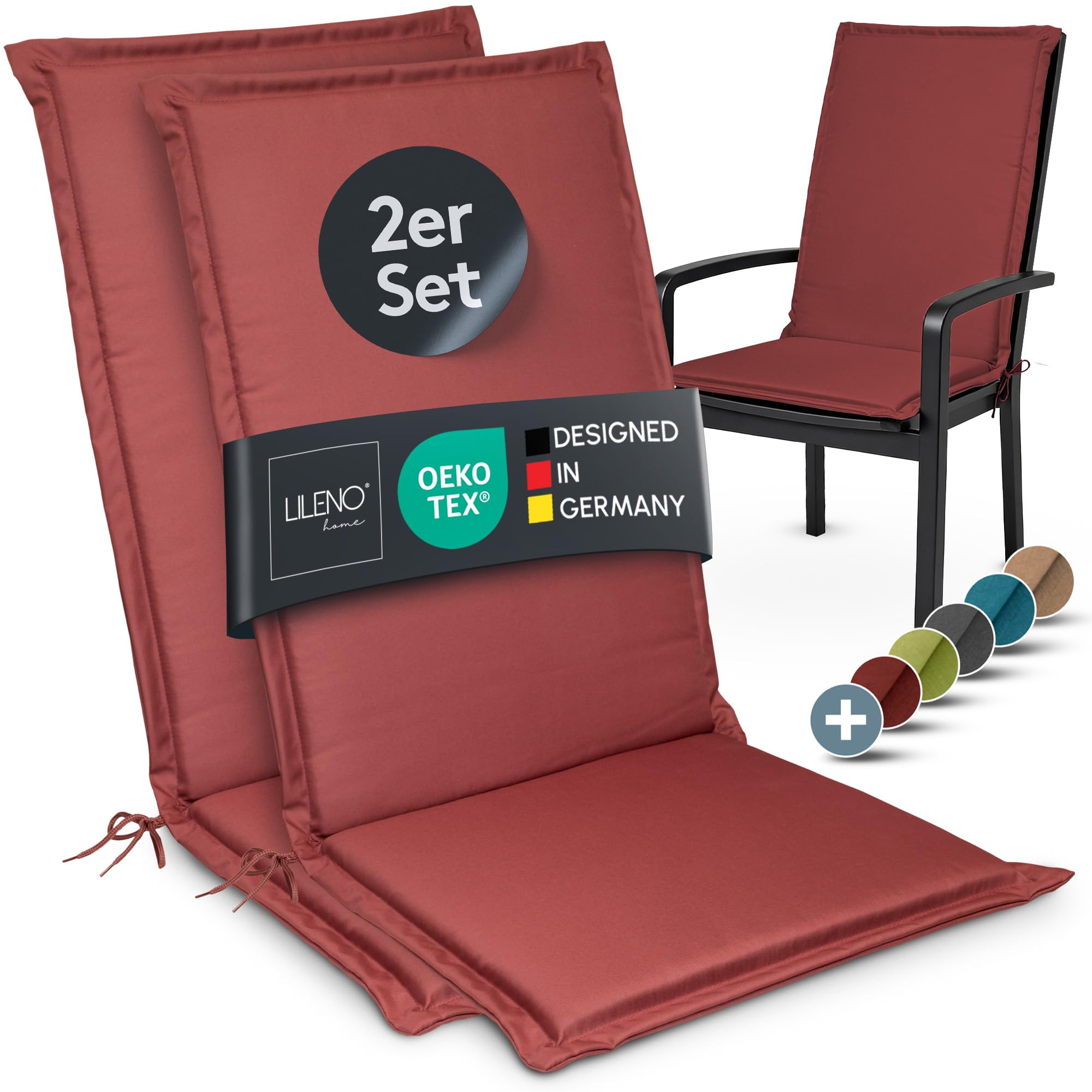 LILENO HOME Gartenstuhl Auflagen [2er Set - Hochlehner] in Rot - Bequeme Liegen als Sitzauflagen für Gartenmöbel - Stuhlkissen für Gartenstühle und Klappstühle MIA