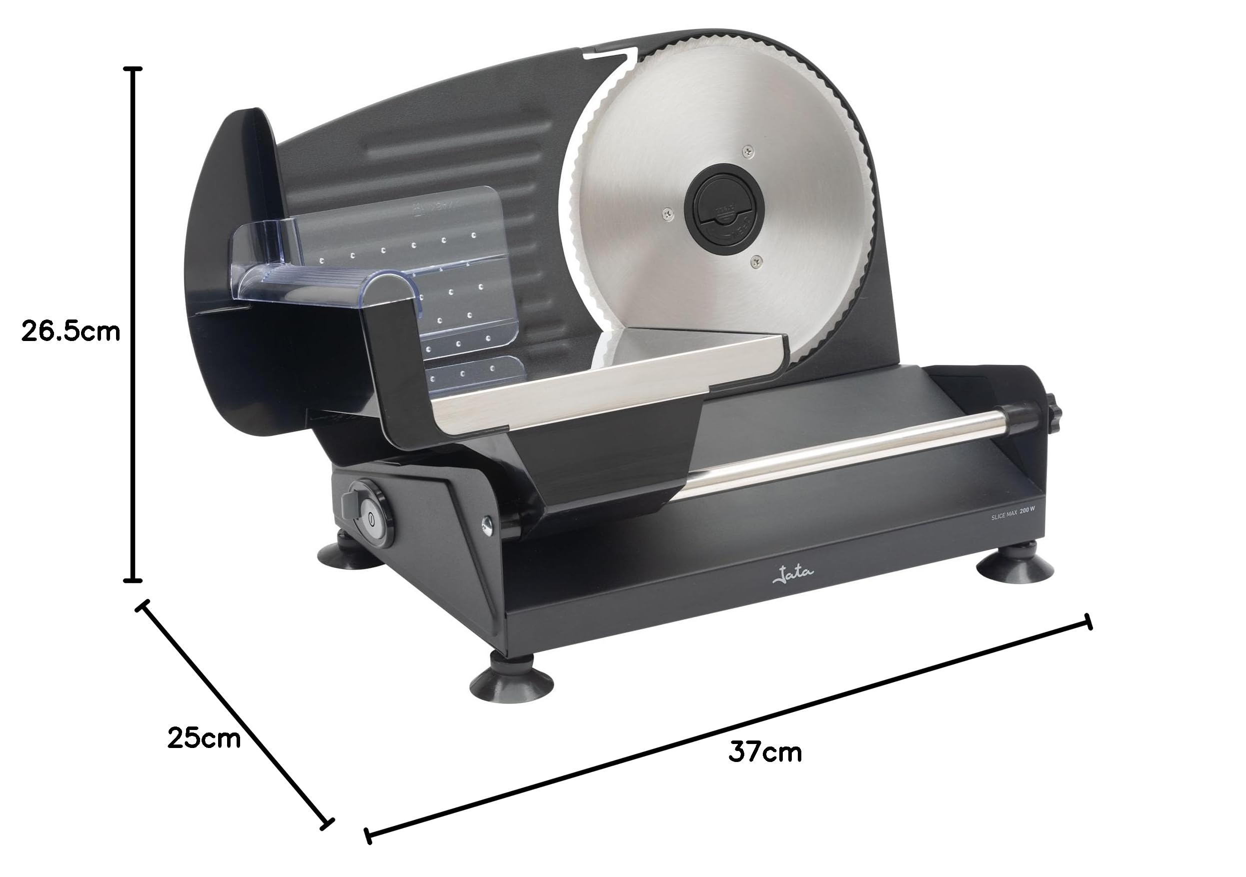 Jata JECF1200 - Cortafiambres Eléctrico 200 W con Disco de Acero Inoxidable 19 cm, Regulador de Corte 0-15 mm, Cortadora de Embutidos, Carne, Queso y Verduras, Base Antideslizante