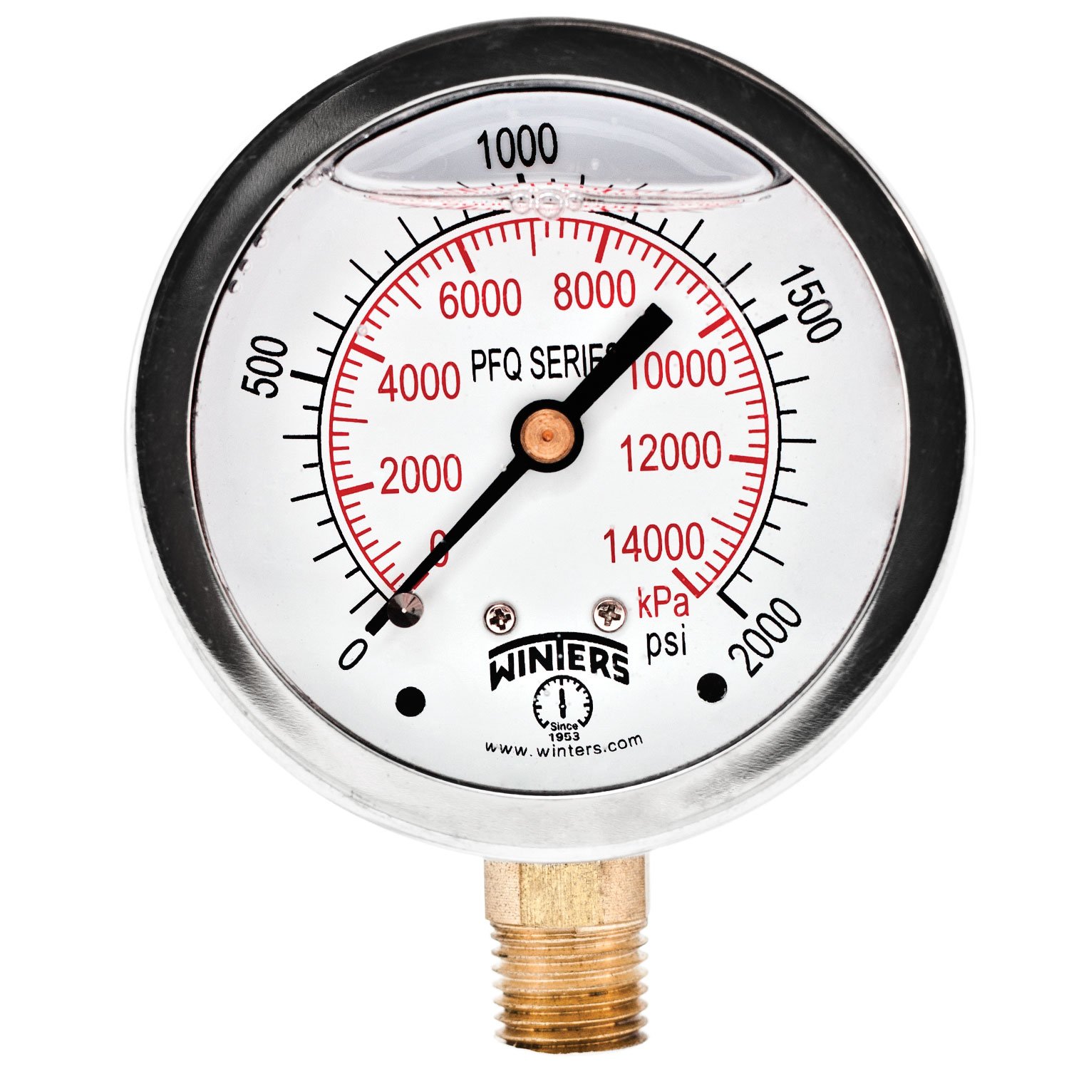 Winters 2-1/2" Dial Size, Liquid Filled Industrial Pressure Gauge, Brass Internals, Stainless Steel Case, Dual Scale 0-2,000 psi/kPa, 1.5% Acc, 1/4"