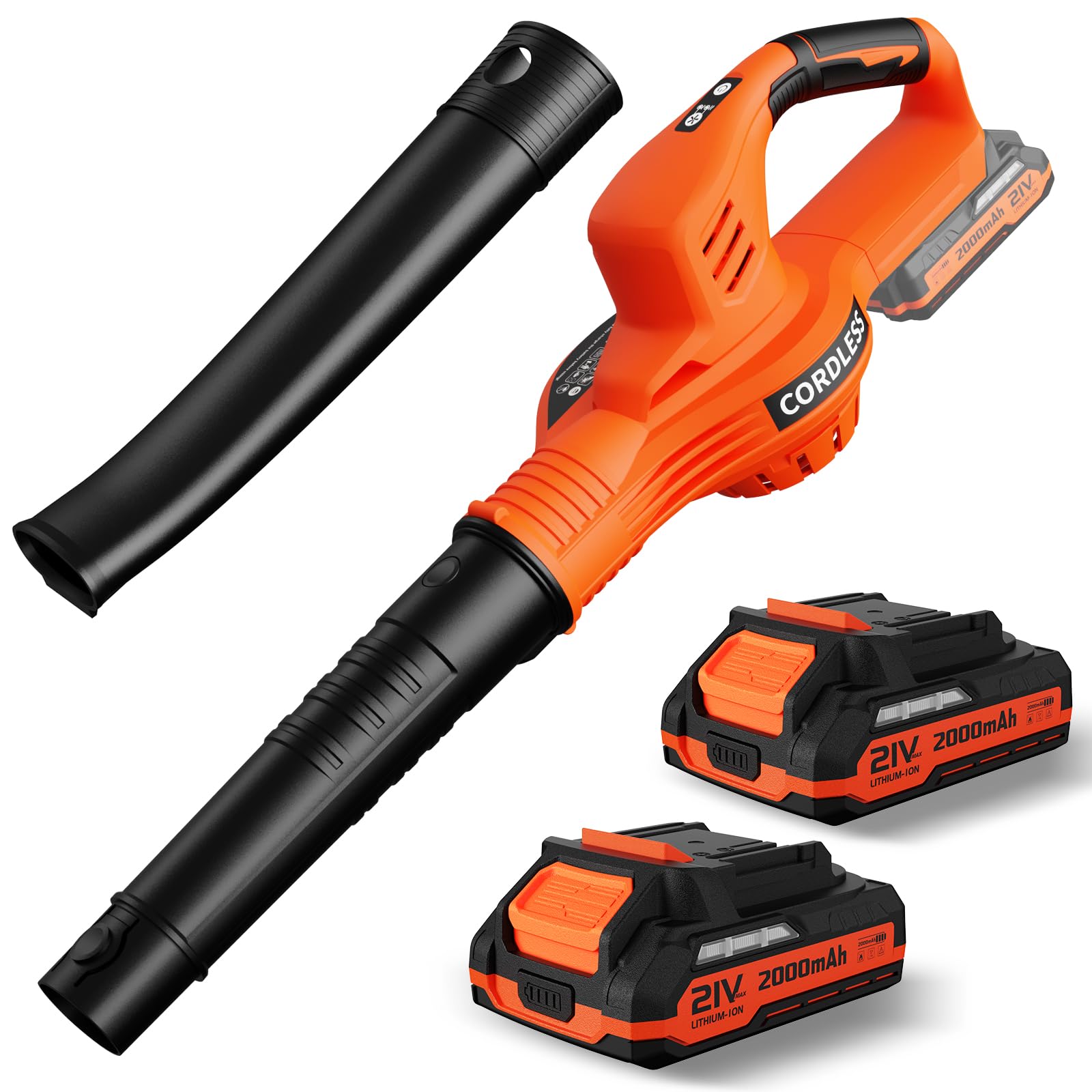 leaf blower cordless - 21v powerful electric leaf blower with 2 batteries and charger, 2 speed modes, 2.0ah lightweight battery powered leaf blowers for lawn care, patio, dust, blowing leaves