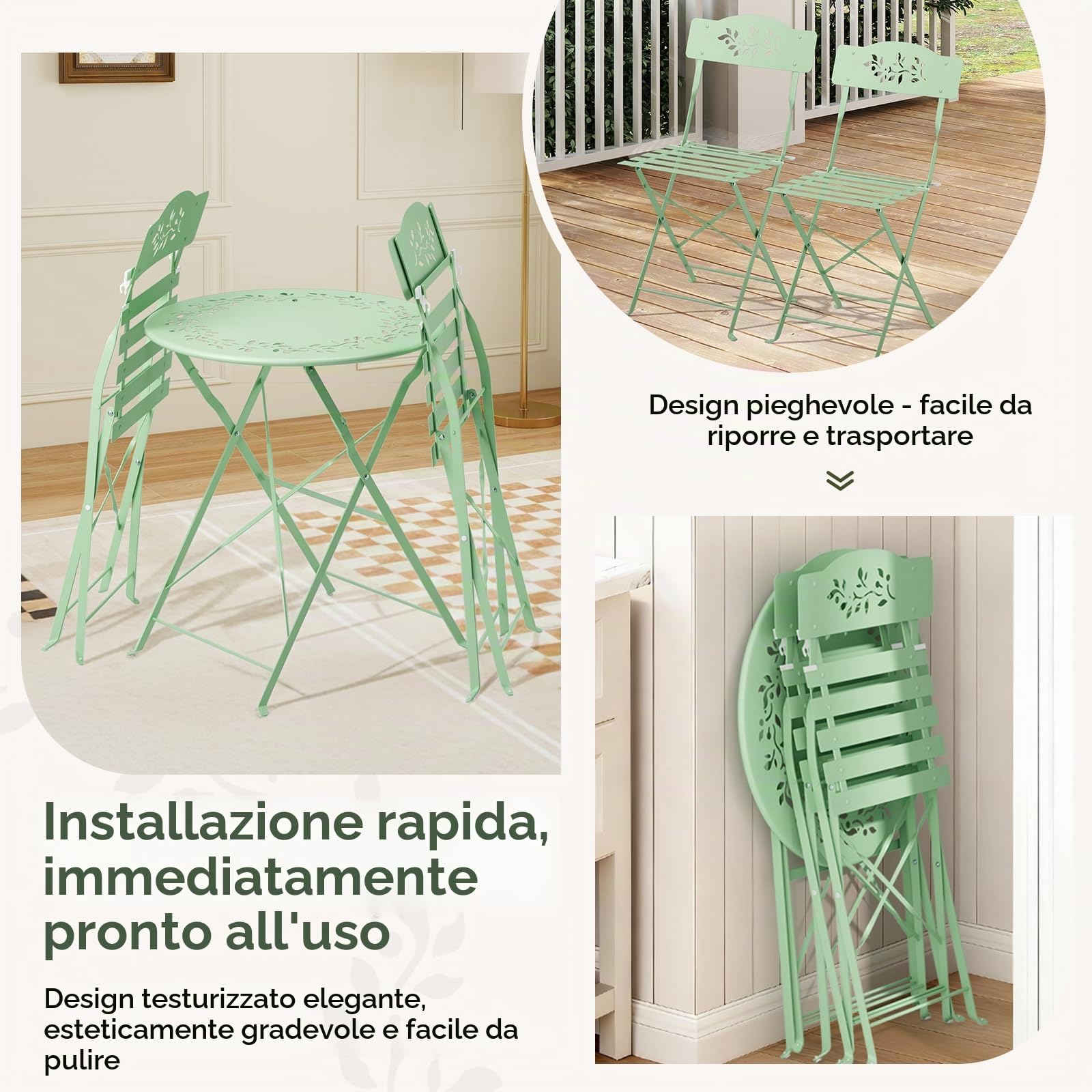 VINGLI Set Bistrò Pieghevole, Tavolino da Balcone con 2 Seide, Tavolo e Sedie da Esterno, Balcone e Terrazza (Verde Chiaro, Modello Traforato, Senza Cuscino)