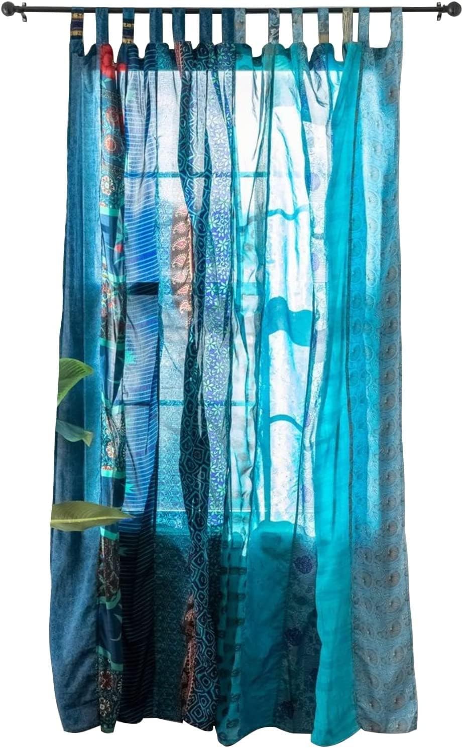YILLE Handmade Boho Silk Sari Curtain Panel (1 Piece), Bohemian Vintage Lightweight Recycled Indian Silk Saree Window Drapes for Living Room, Aesthetic Home Décor Wall Hanging - 84 X 43IN, Turquoises