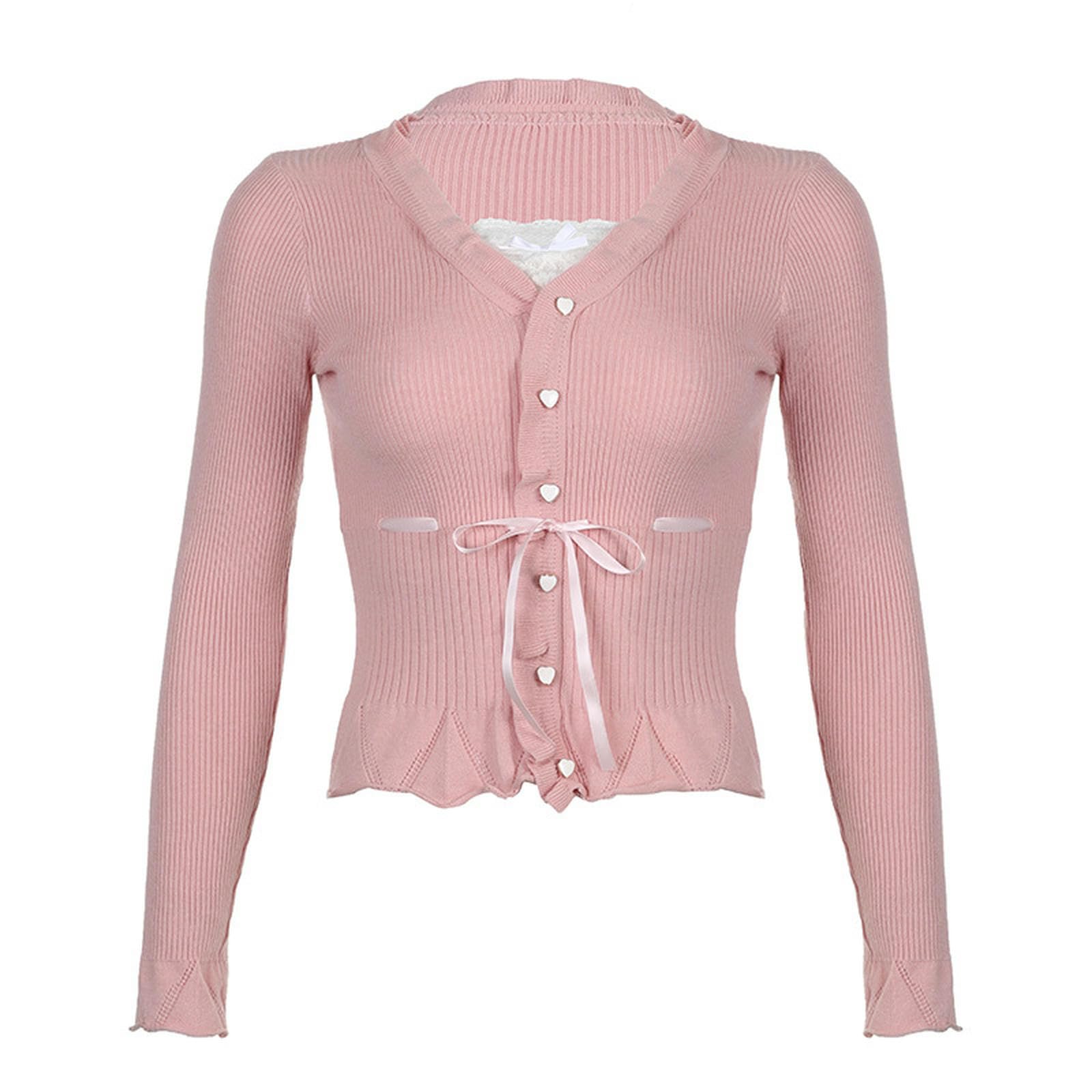 Estilo Suave y Dulce Corbata de Empalme de Encaje Pajarita Cuello Cuadrado Top Rosa niña Encaje versátil Mangas largas-07827 Rosa Claro-S
