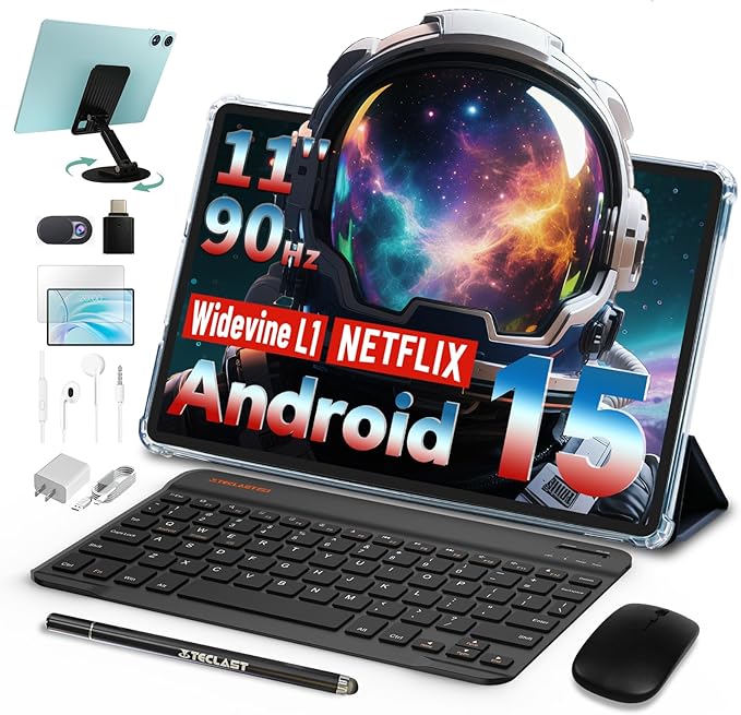 TECLAST P50Case Tablet 11 Pulgadas 90Hz Tablets Android 15, 2.0GHz Octa-Core, 12GB RAM 128GB ROM/TF 4TB, 7000mAh/Widevine L1/BT5/GPS/OTG, Tablet con Teclado+Lápiz+Funda+Auriculares, 10 Accesorios-2025