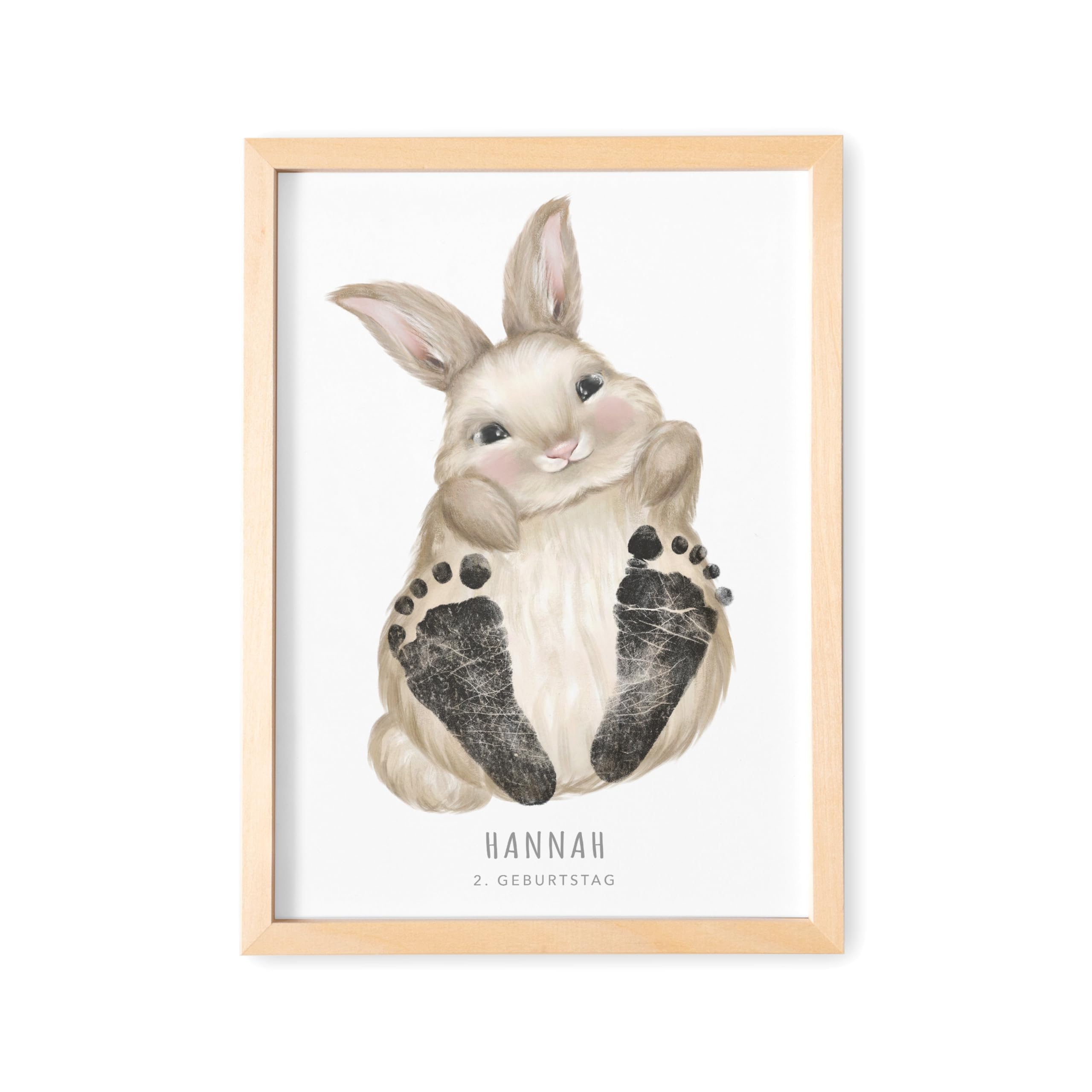 DEL MÀ Unique & Personal Baby Fußabdruck Bild Mit Rahmen Personalisiertes Tier Poster Für Babyzimmer Kinderzimmer (OHNE FARBE) (Hase, DIN A4 | Fußlänge bis 6cm | Alter bis 6 Monate)