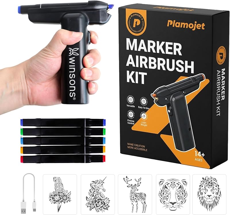 Rechargeable Airbrush Marker Set, Portable Spray Paint Art Kit with 5 Colors Markers for DIY Craft Model Painting (Black Kit)