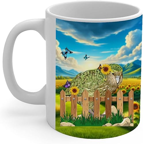 Taza de café de cerámica blanca con diseño de valla con búho, loro Kakapo, pájaro, taza de té de cerámica blanca, 11 onzas, regalos para amantes de