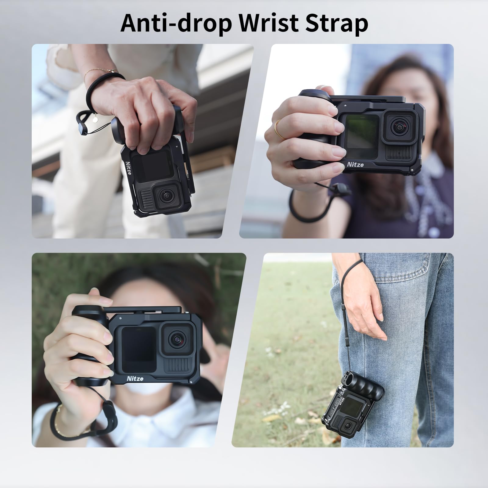 Nitze Gabbia Grip Kit per GoPro HERO13/12/11/10/9 Black, Cage Hero 13 con Impugnatura Laterale, Cold Shoe Shutter Button, Foro di Posizionamento da 1/4" per Treppiede, LED Light - T-GP03B