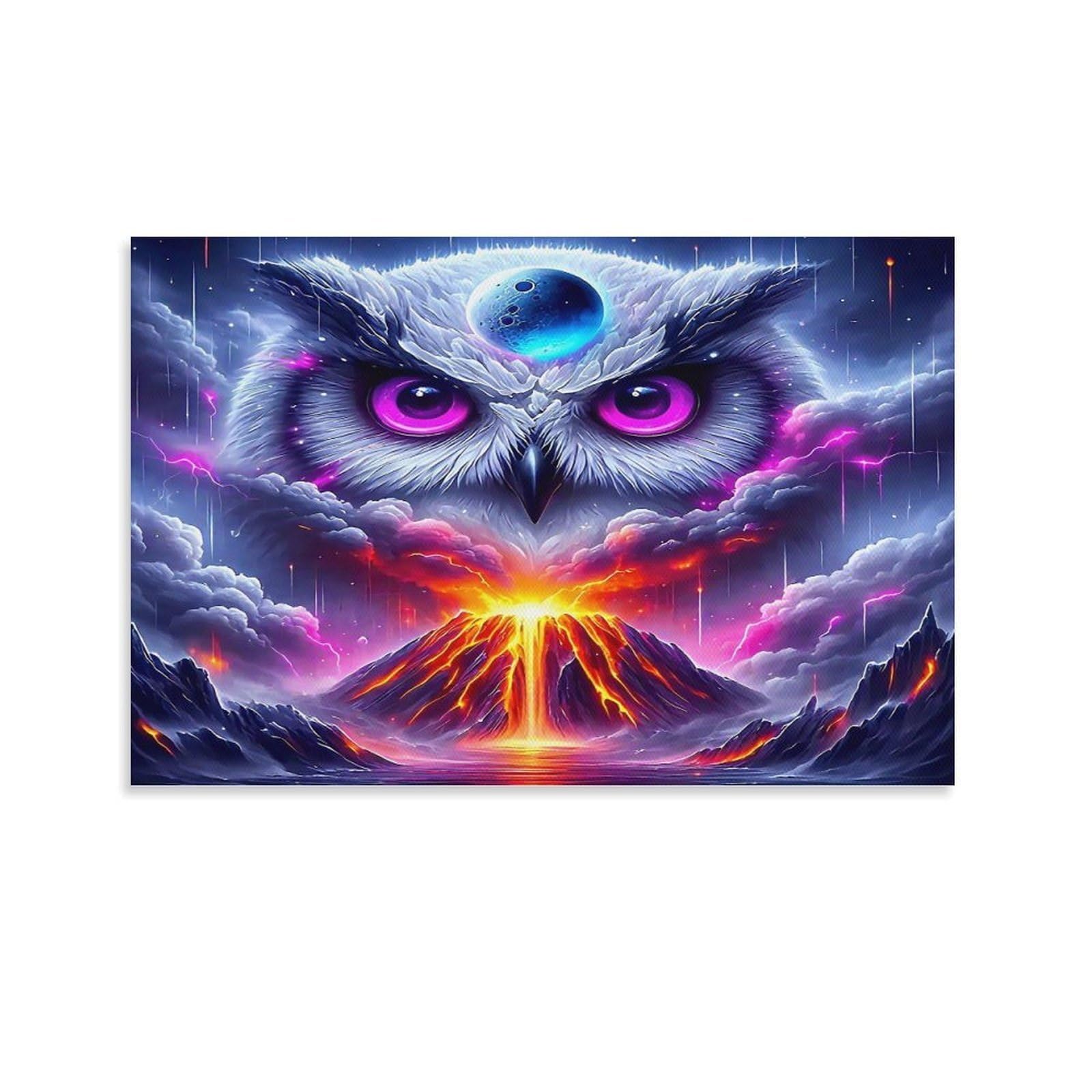 CPLVKWRQJ Snowy Owl in Winter Wonderland 1 Piece Mystic Owl Volcano Glowing Purple Clouds Canvas Wall Hanging - Nursery Space Saving Removable Ready to Hang Wall Decor 24x36inch(60x90cm)