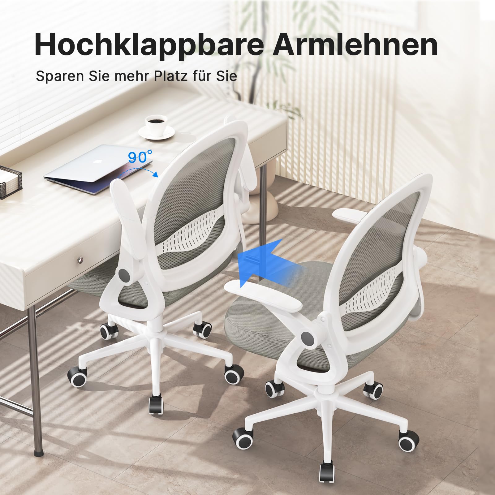 rattantree Ergonomischer Bürostuhl, Schreibtischstuhl mit Atmungsaktiver Rückenlehne, Höhenverstellbarer, Netzstuhl mit Hochklappbaren Armlehnen, Computerstuhl, 360° Drehstuhl für Büro, Zuhause, Grau