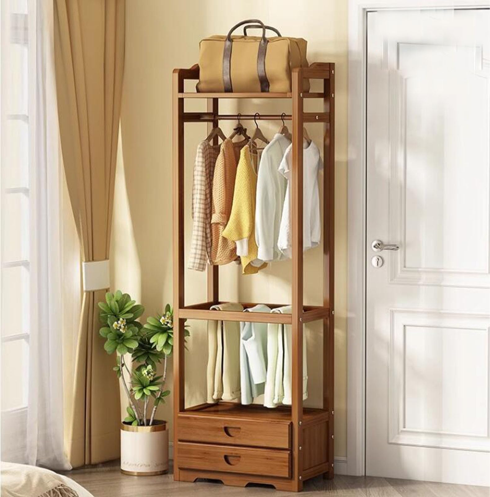 SWENEEN Bamboo Rack Freestanding Dresses Hang 2 Private And Organizer For Office Corner,