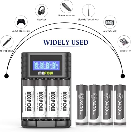 Miniatura 8 de MXPOW Baterías recargables AA de litio 1.5 V 3400 mWh, baterías recargables de litio AA, 4 unidades, 1500 ciclos con cargador inteligente