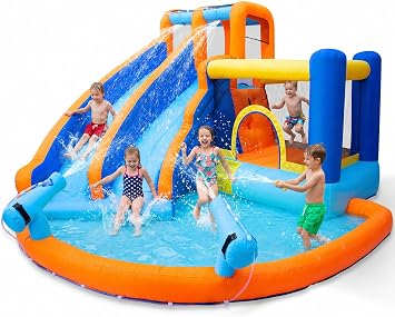 Inflatable Water Bounce House with Splash Pool, Dual Slide, 550W Blower | Jump Area, Climbing Wall & 550W Air Blower, Kids Water Park for Backyard Indoor Outdoor Play