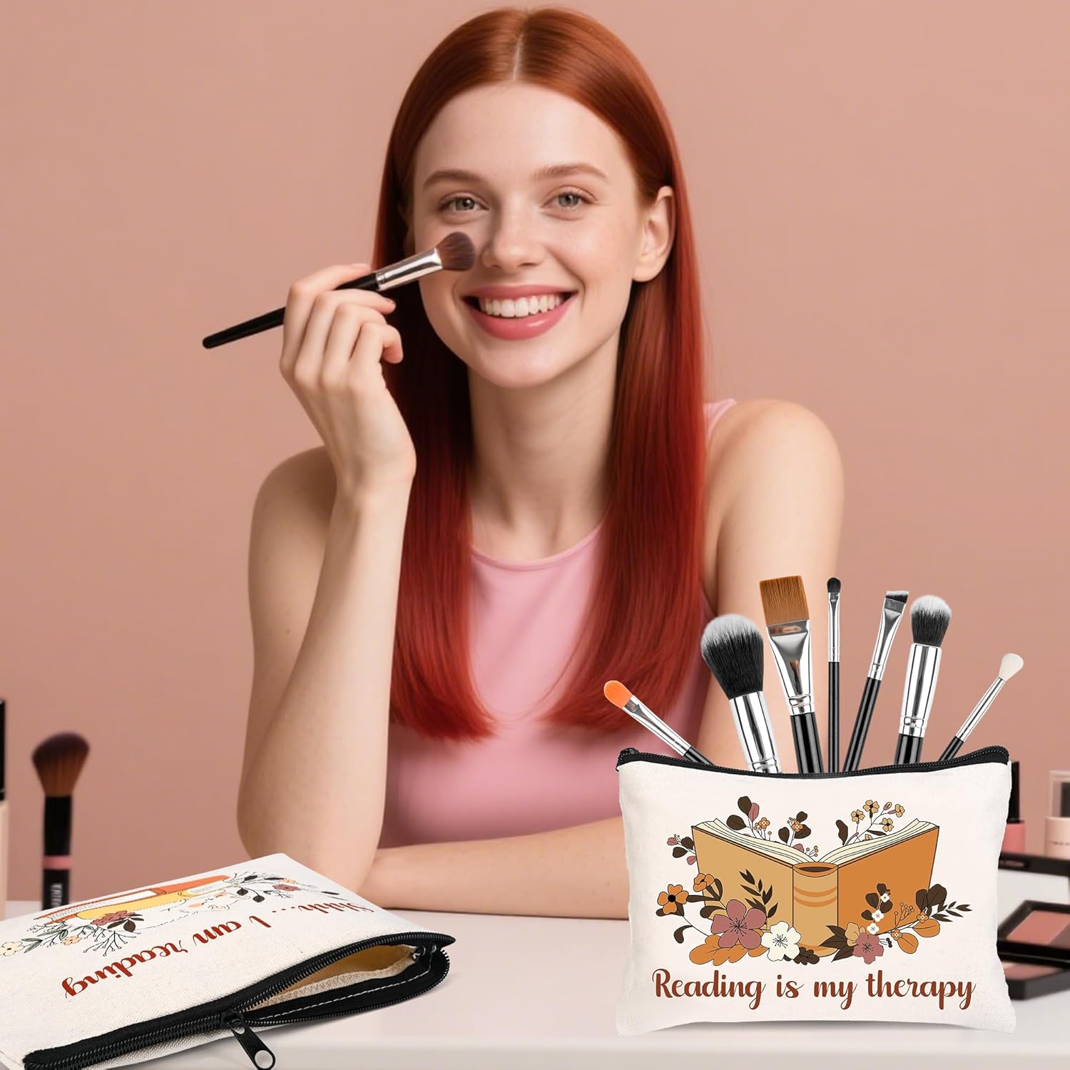 8 Pcs Book Lover Gifts for Women Bookish Gifts in Bulk Mothers Day, Birthday Christmas Gifts for Book Lovers Ideas Cute Bookworms Makeup Bag Makeup Pouch Cosmetic Bag for Librarians Gifts (Orange) - Image 7