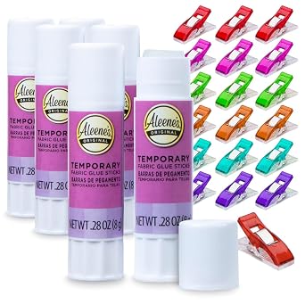 Aleenes Temporary Fabric Glue Sticks 6-Pack, 0.28 oz Each and 20 Pixiss Fabric Clips Mess-Free, Quick Drying Adhesive for Sewing, Quilting, Applique, and Crafting Projects