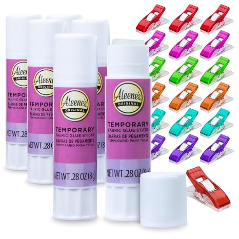 Aleene's Temporary Fabric Glue Sticks (6-Pack, 0.28 oz Each) and 20 Pixiss Fabric Clips Mess-Free, Quick Drying Adhesive for Sewing, Quilting, Applique, and Crafting Projects