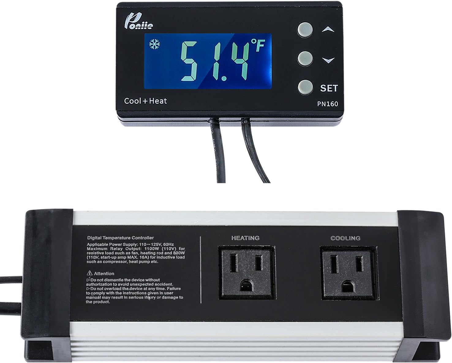 PN160 Digital Temperature Controller 2-Stage Controlled Outlet Thermostat for Reptile, Heat Mat and Brewing, w/Calibration & Compressor Protection