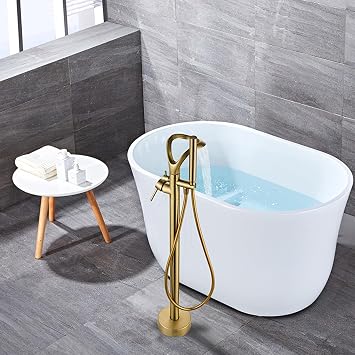 Floor Mounted Bath Tap and Shower Waterfall 2 Mode Freestanding Bathtub Mixer Single Hole,Brushed Gold