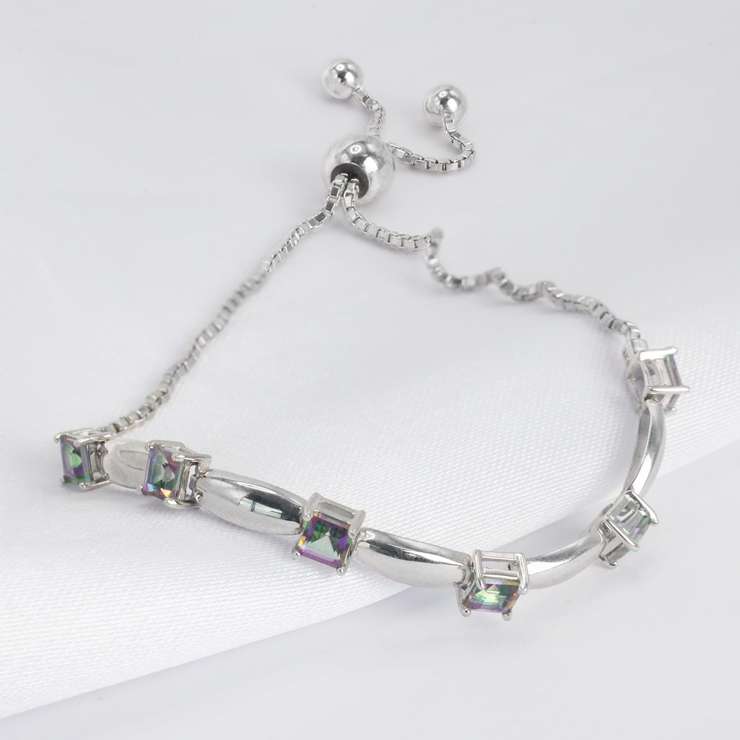 Fine Bracelet Tennis Style Pull String Birthstone Jewelry Gift for Women 925 Sterling Silver Square Sparkling Bolo Gemstone Jewelry Adjustable Bracelets