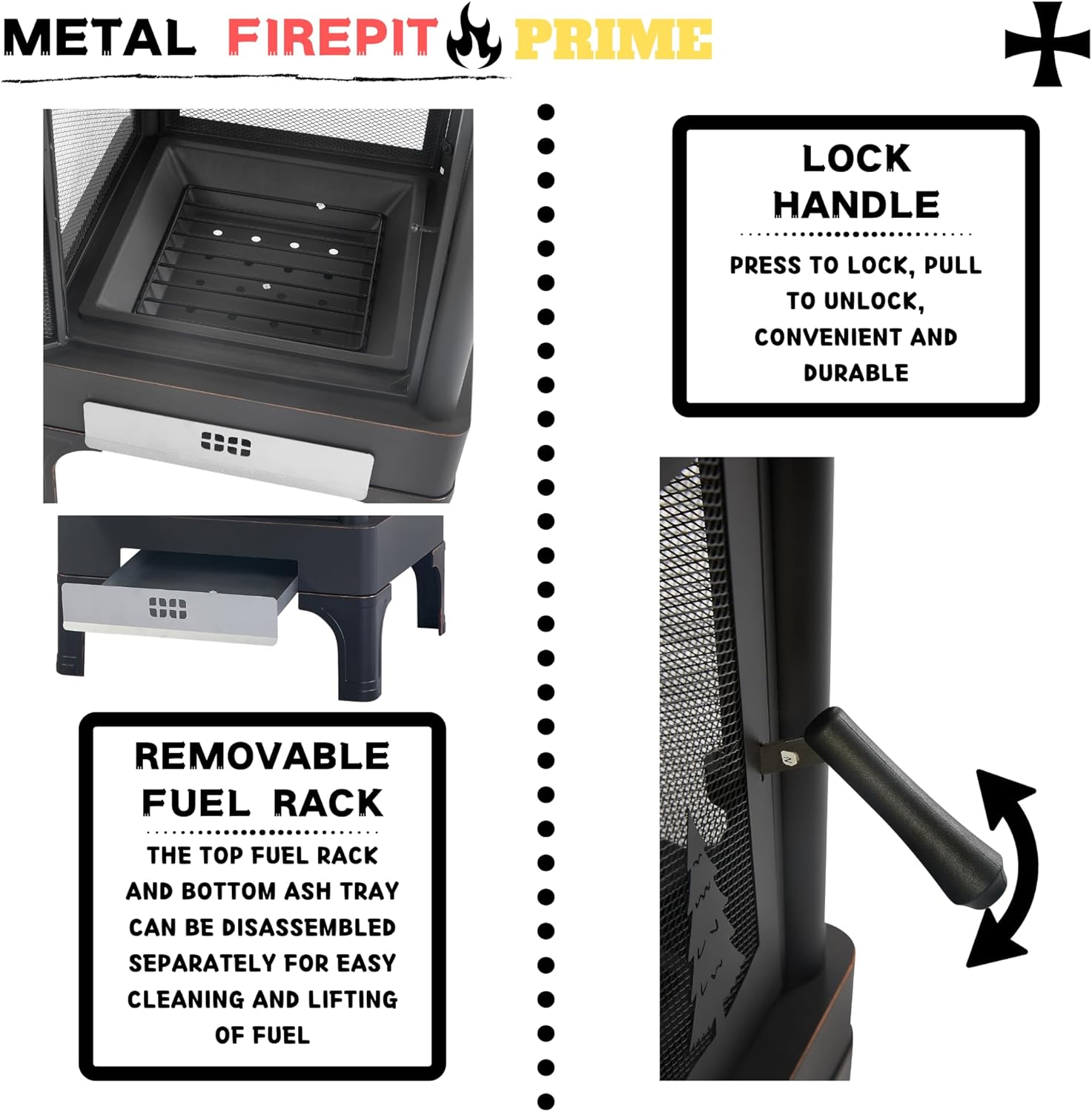 Outdoor Fire Pit with Grill, Wood Burning Fire Pits for Outside with Lid & Fire Poker, Garden Metal Outdoor Heating Furnace for Backyard 2 in 1 Tall Fire Pit for Patio, Picnic, Party (XOT036方形)