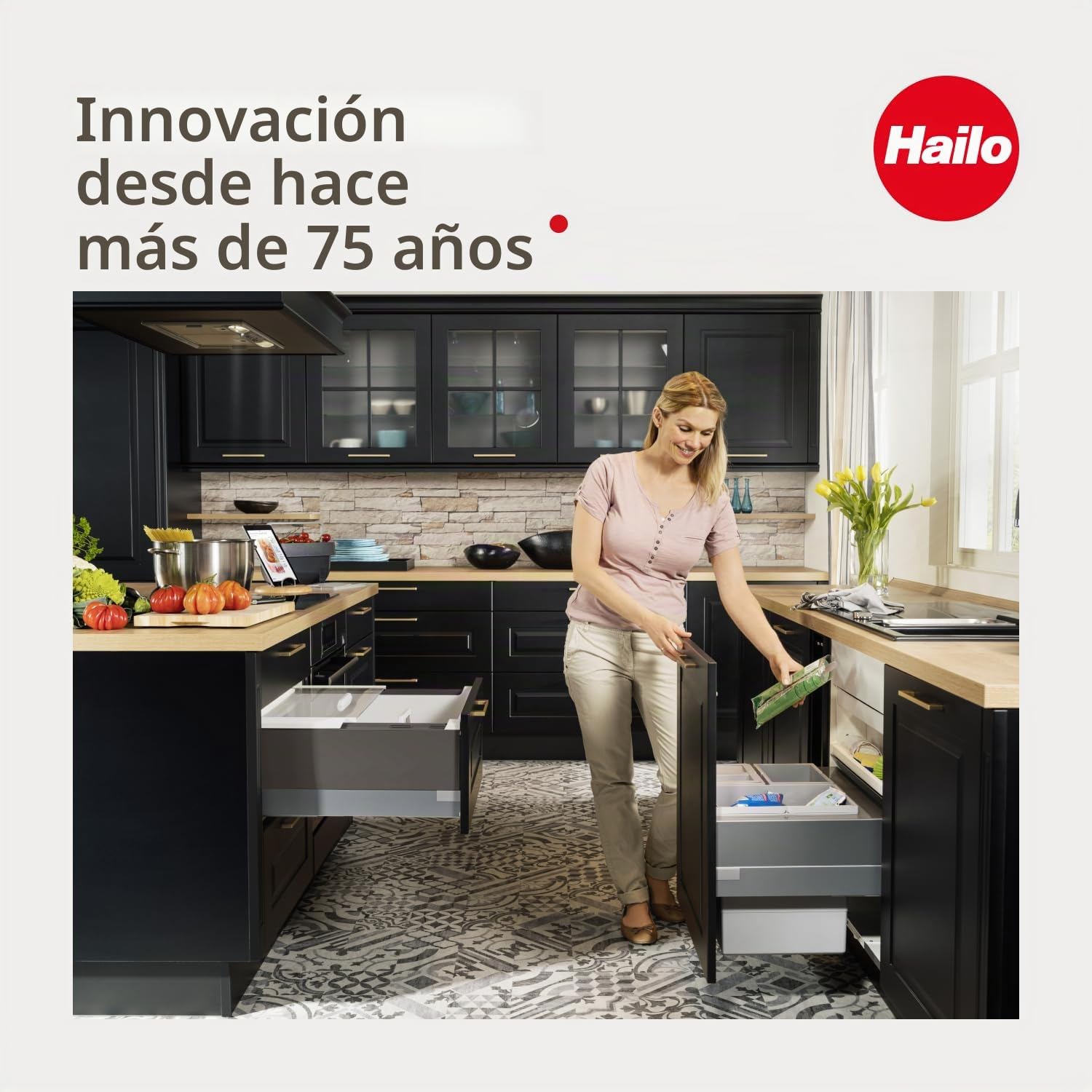 Hailo Cubo de basura giratorio Mono 3520001, 20 litros de capacidad, armario bajo a partir de 40 cm, se puede utilizar con puerta giratoria, color negro y acero inoxidable pulido | pulido | de montaje giratorio | Tapa basculante automática | Para armarios