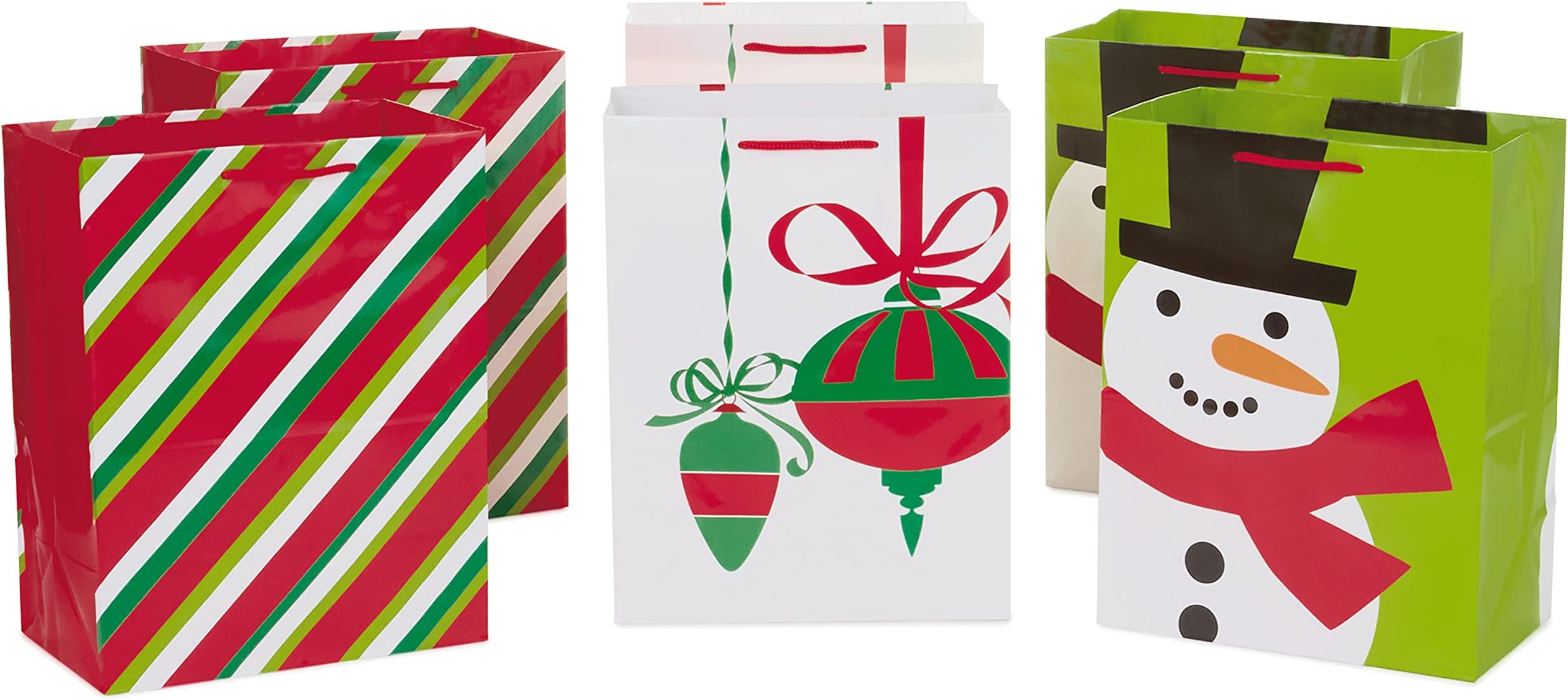 Image Arts 11" Large Holiday Gift Bag Bundle (Pack of 6; Snowman, Ornaments, Stripes)