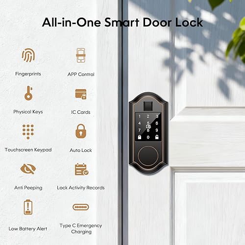 Miniatura 2 de Cerradura de puerta inteligente de huellas dactilares con teclado, cerraduras inteligentes para puerta de entrada sin llave, cerradura inteligente