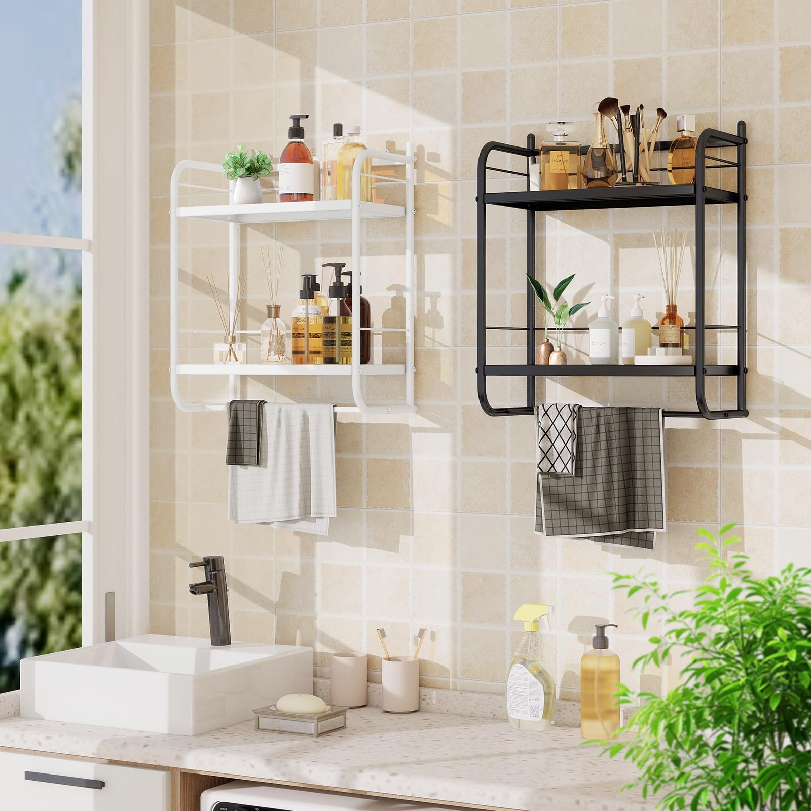 HDANI Estantería de Pared de Metal de 2 Niveles,con 2 estantes Ajustables,Estante de Ducha para baño,Dormitorio,salón,Cocina, Oficina en casa,lavadero,41×21,5×49,5cm,Blanco