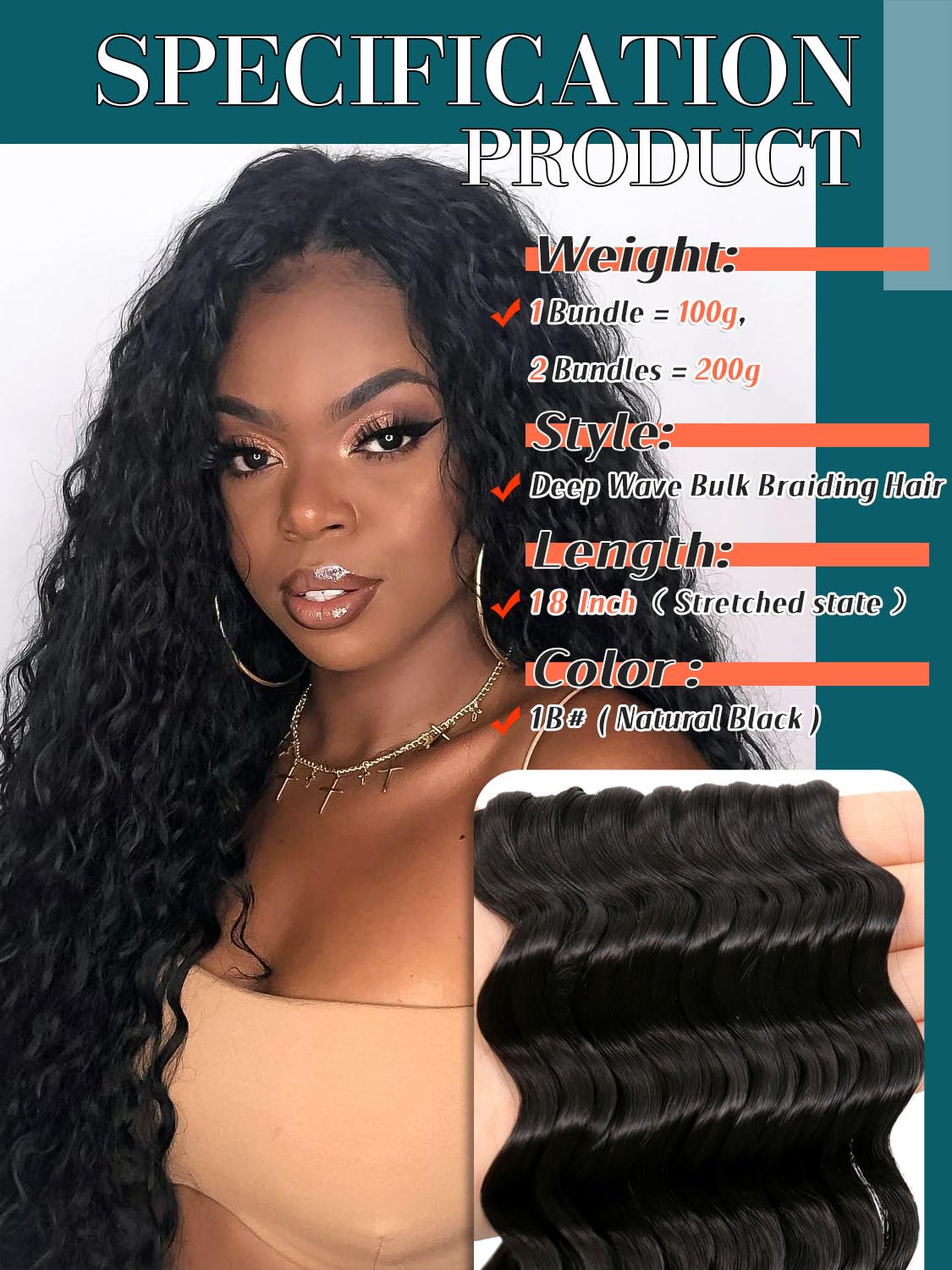 200G 18 Inch Boho Hair for Braiding Deep Wave Bulk Braiding  display picture 1