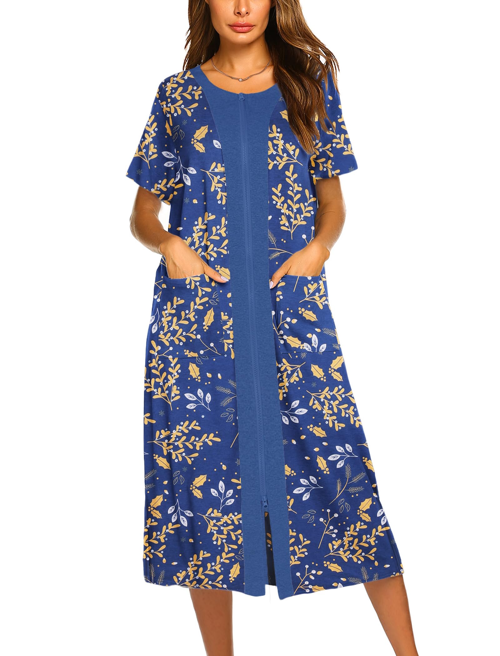 Ekouaer Robes For Women Zipper Front Bathrobe Short Sleeve House Coat Long Nightgown With Pockets Soft Loungewear