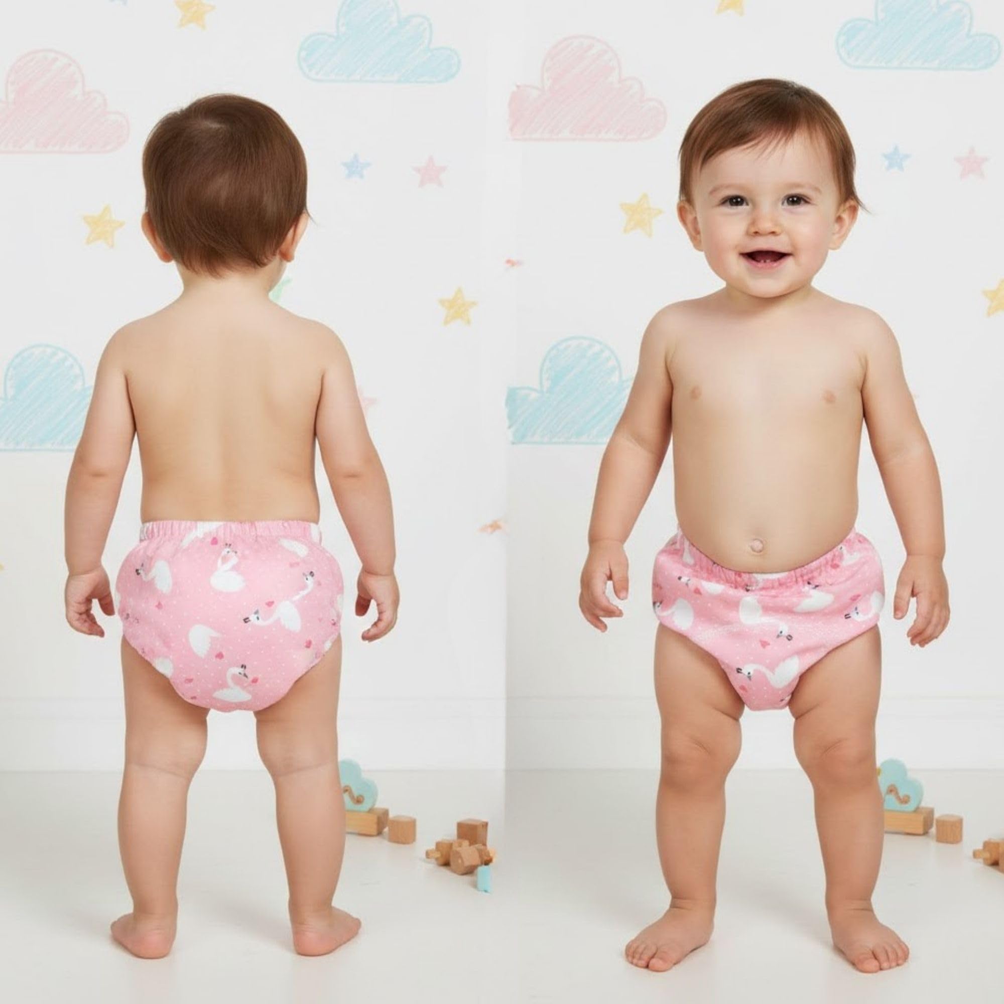 BEMBIKA Potty Training Pant for Babies Cotton Reusable Leakproof Padded Underwear for Kids Ideal for Diaper-Free Time & Mess-Free Potty Training - (Pink Swan - 12M to 18M-M)