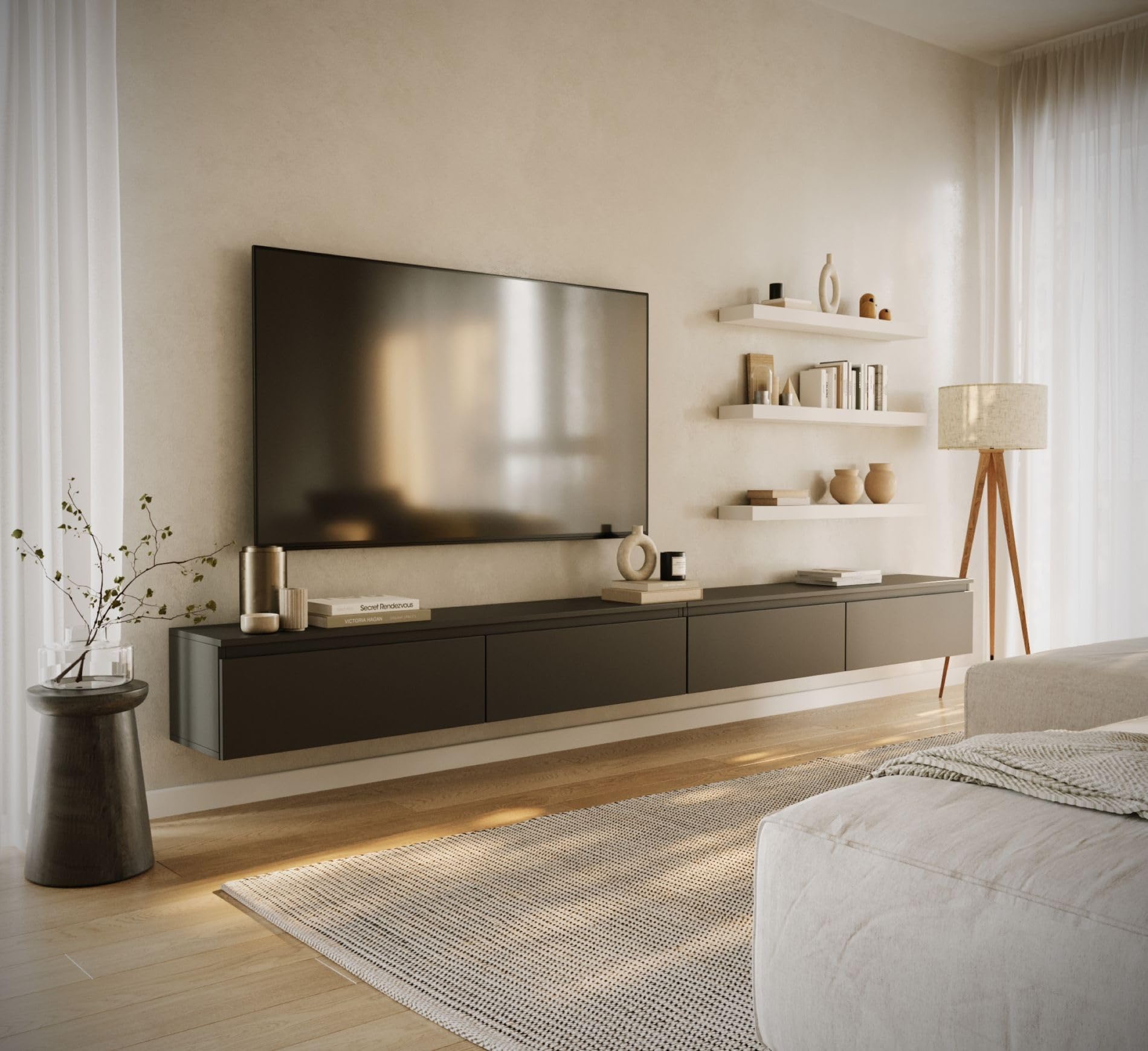 Selsey TV Lowboard Hängend 300 cm Schwarz 4 Fächer mit Klappfronten Elegantes Design für Moderne Wohnzimmer Spanplatte 16 mm Stauraum für Elektronik Ideal für Saugroboter
