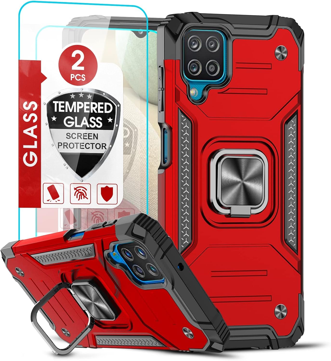 LeYi for Galaxy A12 Case, Samsung A12 Case with Tempered Glass Screen Protector (2PCS), [Military-Grade] Phone Cover Case with Ring Holder Kickstand for Samsung Galaxy A12, Red…