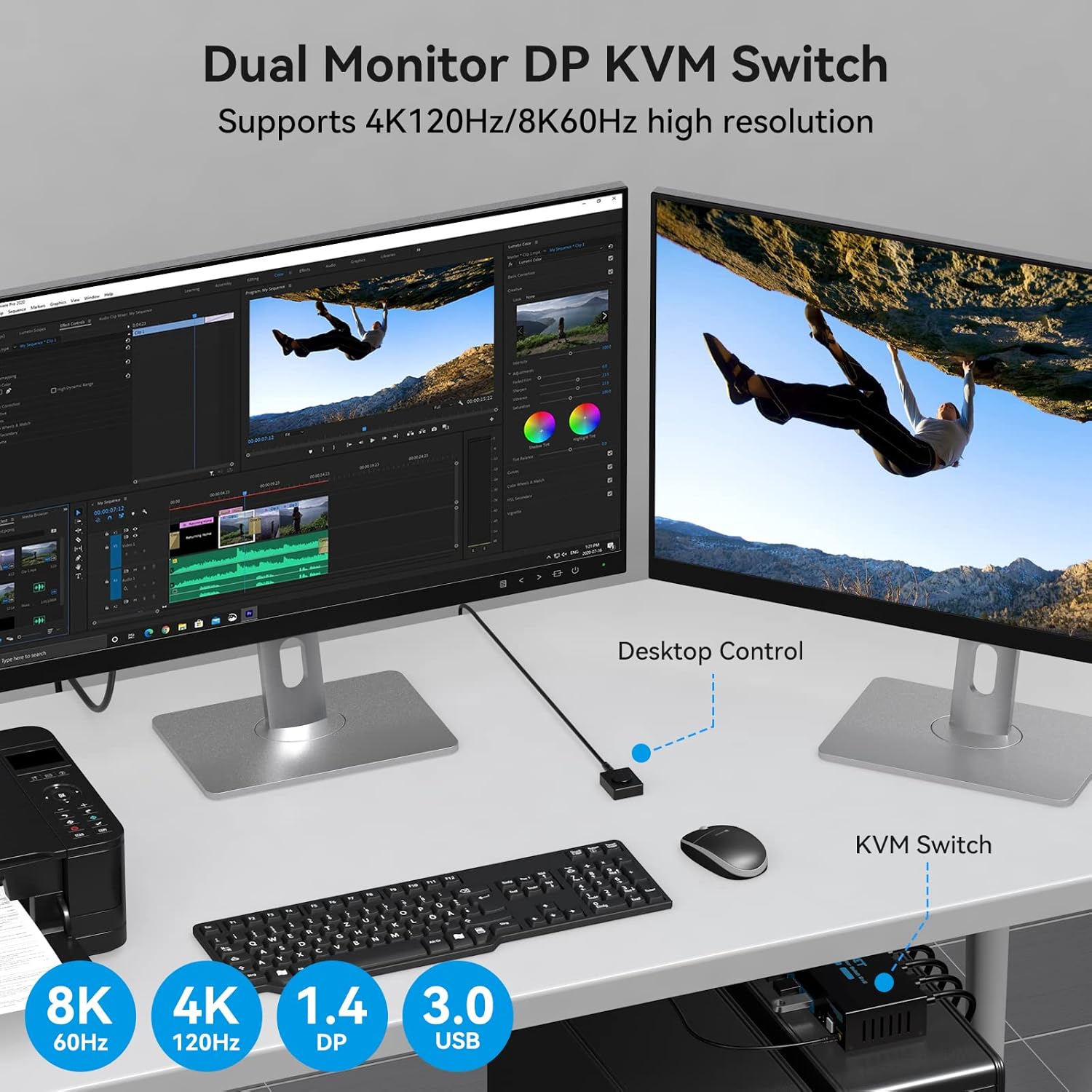 8K@60Hz Displayport KVM Switch 2 Monitors 2 Computers Display Port 4K@120Hz USB3.0 Dual Monitor KVM Switches for 2 PC Share 2 Screens and 1 Set of Keyboard Mouse Printer and U Disk with 2 USB Cables